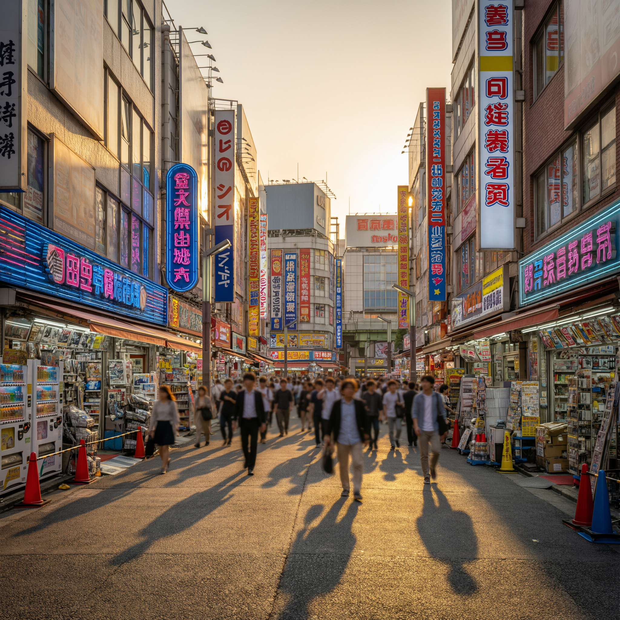 Tokyo Akihabara Electronics 2 Busy pedestrian street in Akihabara with colorful Japanese signage, shops, and people walking during golden hour sunset