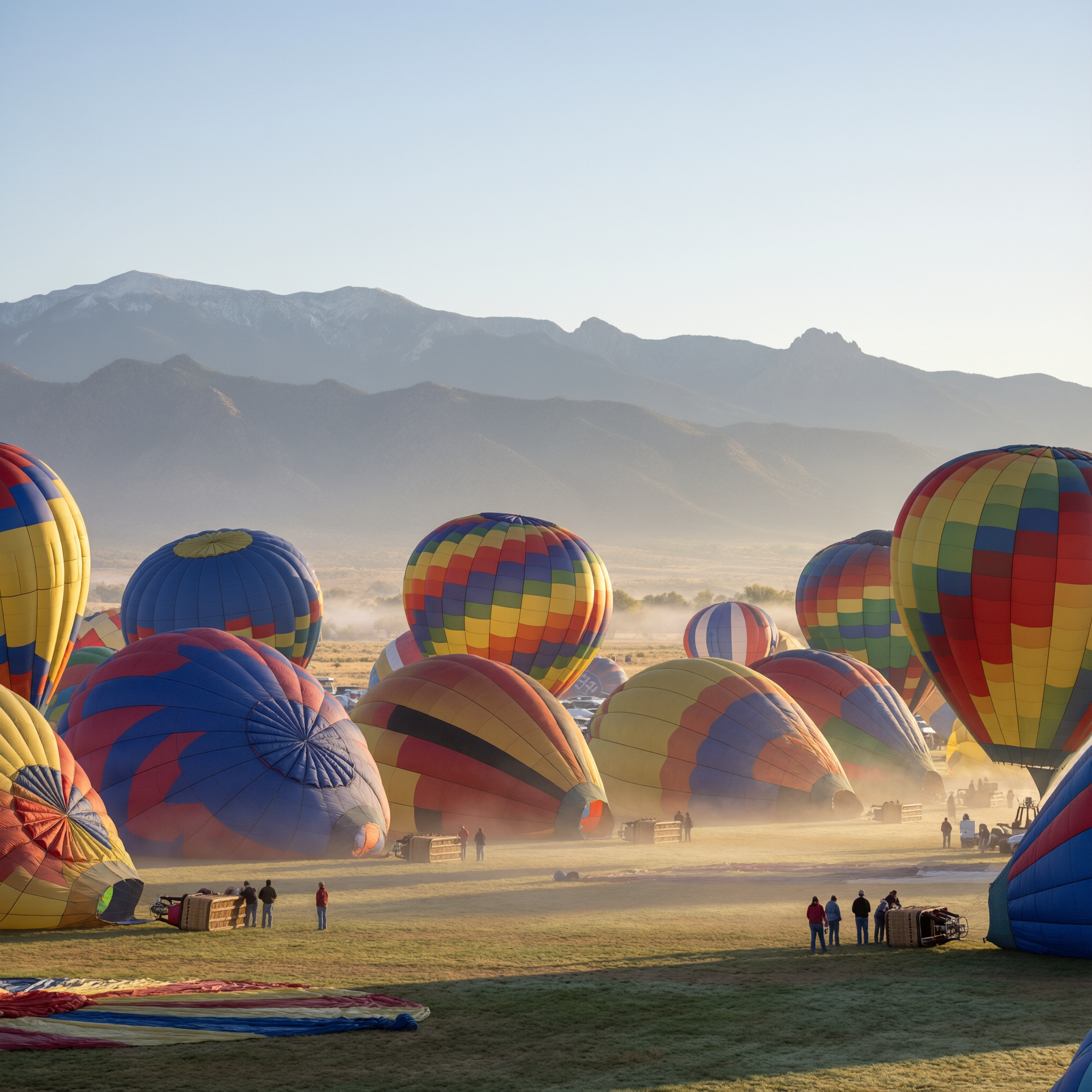 Multiple colorful hot air balloons being prepared at dawn in Albuquerque, with mountains visible in the misty background