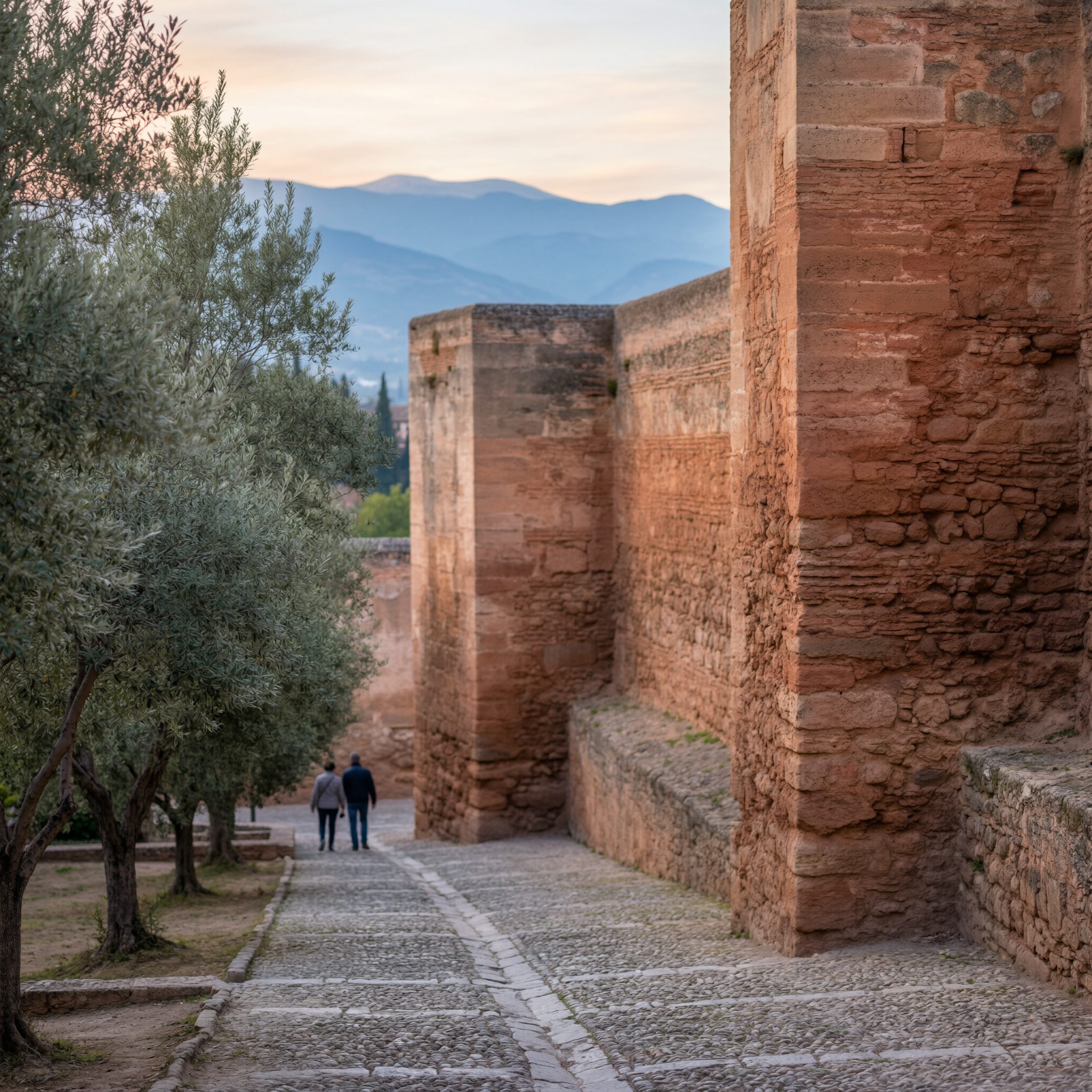 Two visitors walking through the ancient brick passageways of the Alhambra palace in Granada, with olive trees and Sierra Nevada mountains visible in the distance