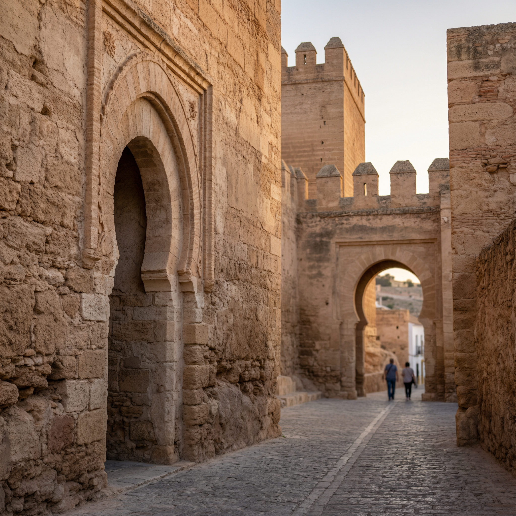 Almería Alcazaba Fortress Guide 2 Interior passageway of the Alcazaba fortress in Almería showing traditional stone arches and fortification walls with crenellated towers visible in the background