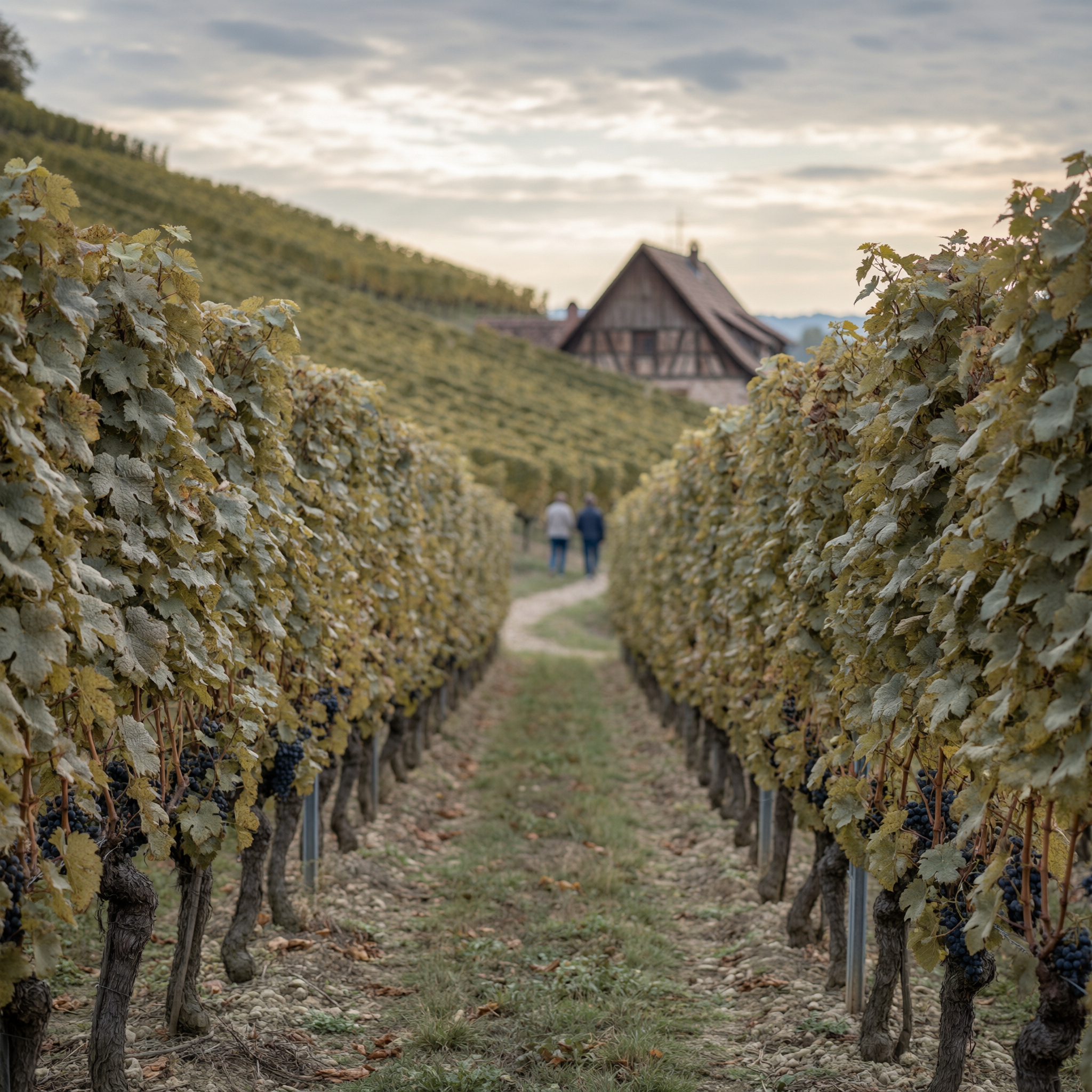 Autumn vineyard rows in Alsace with a half-timbered house and two people walking in the distance near Colmar, France