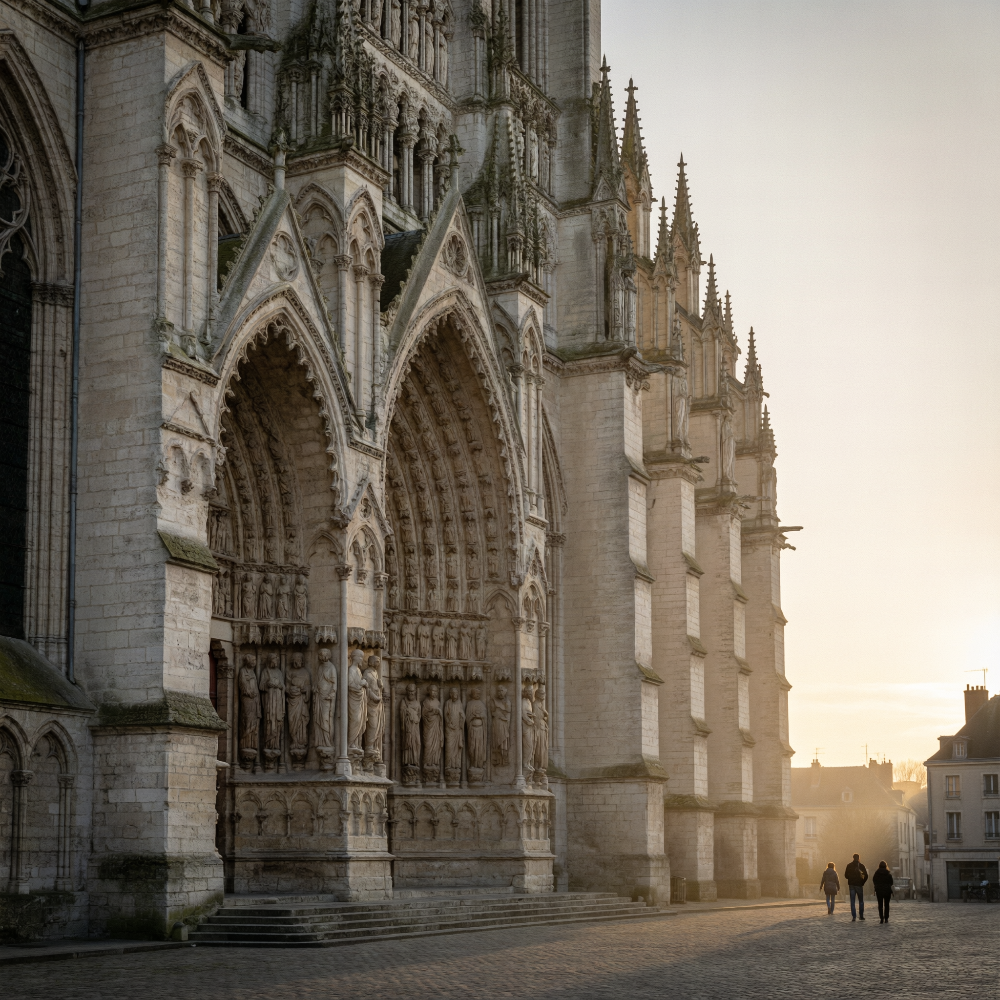 Amiens Cathedral western facade during golden hour with ornate Gothic arches and spires, three figures walking in the square below