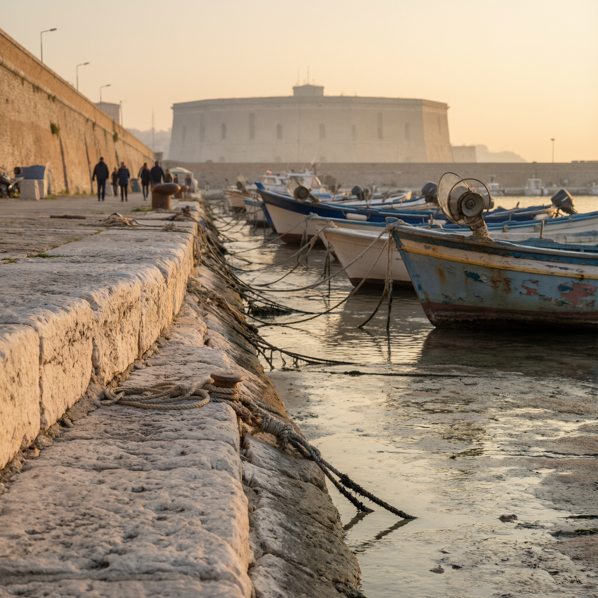 Fishing boats moored at Ancona harbour with historic fortress in background at golden hour