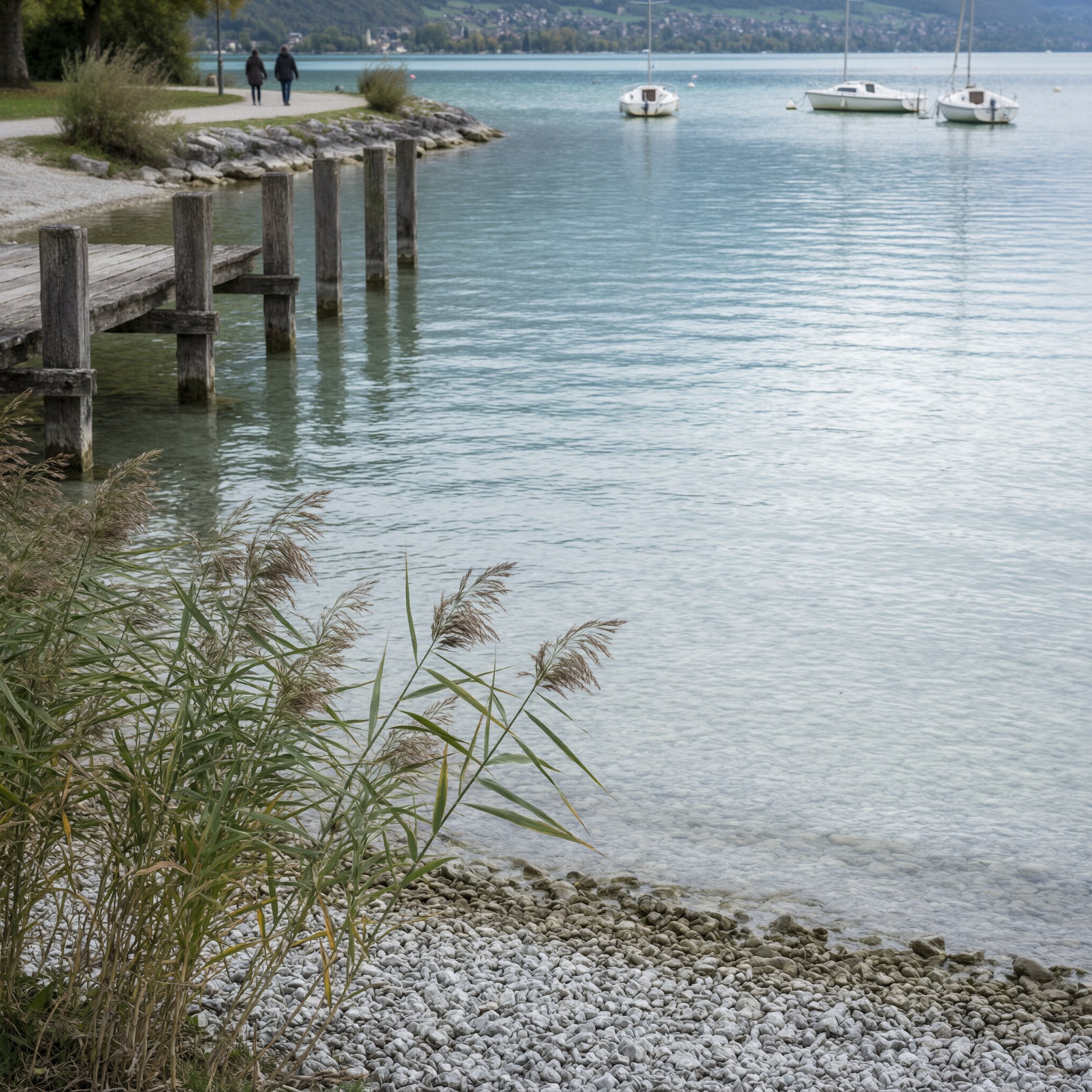 Wooden posts and shoreline at Lake Annecy in Annecy, France, with sailboats moored in the calm turquoise water and Alpine mountains visible across the lake