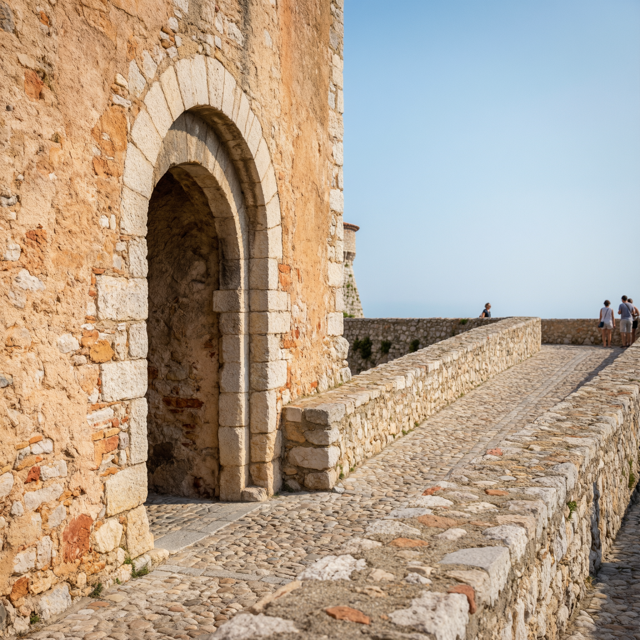 Historic stone archway in the fortification walls of Château Grimaldi in Antibes, France