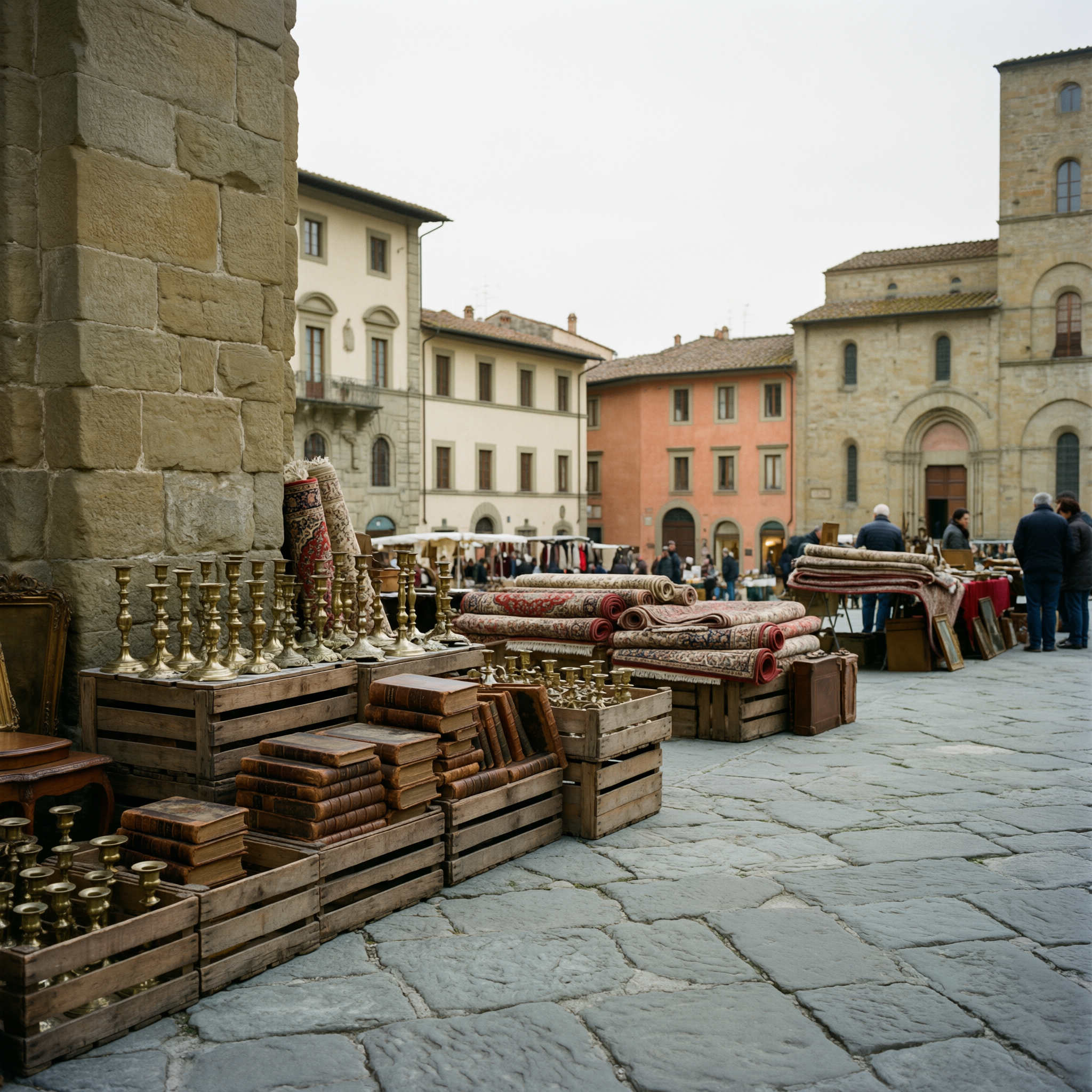 Antique market in Piazza Grande, Arezzo, Italy, displaying vintage books, oriental rugs, and brass chess sets with Renaissance buildings in background