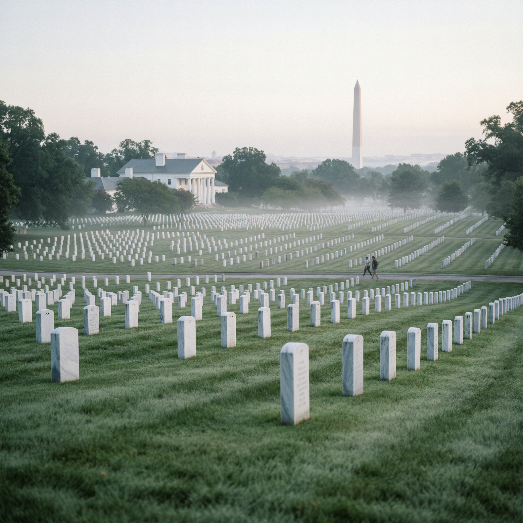 Arlington National Cemetery headstones at dawn with Arlington House mansion and Washington Monument visible in the background, Arlington, Virginia