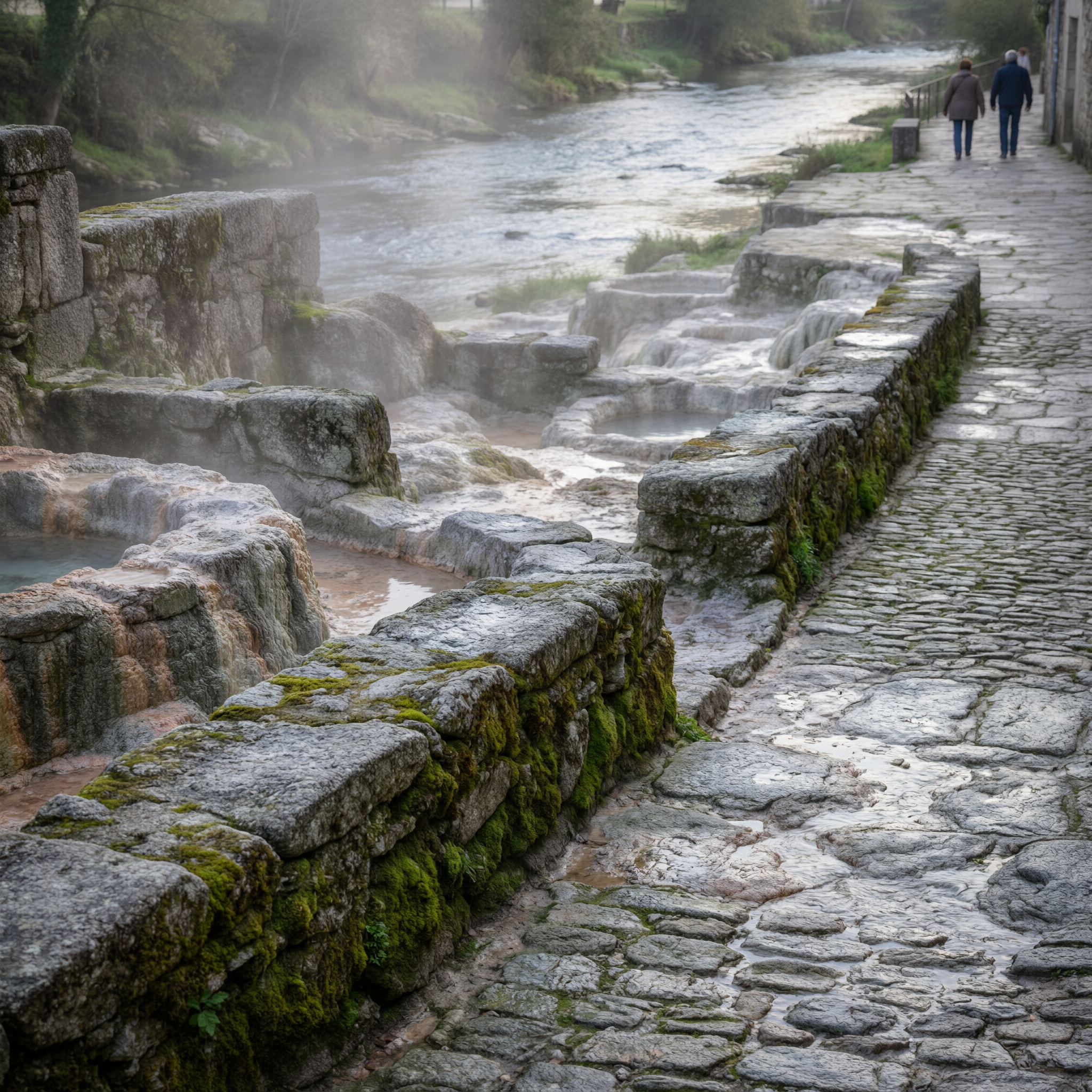 Stone pathways with moss-covered walls along a flowing river in Ourense, Spain, with thermal springs and morning mist in the background