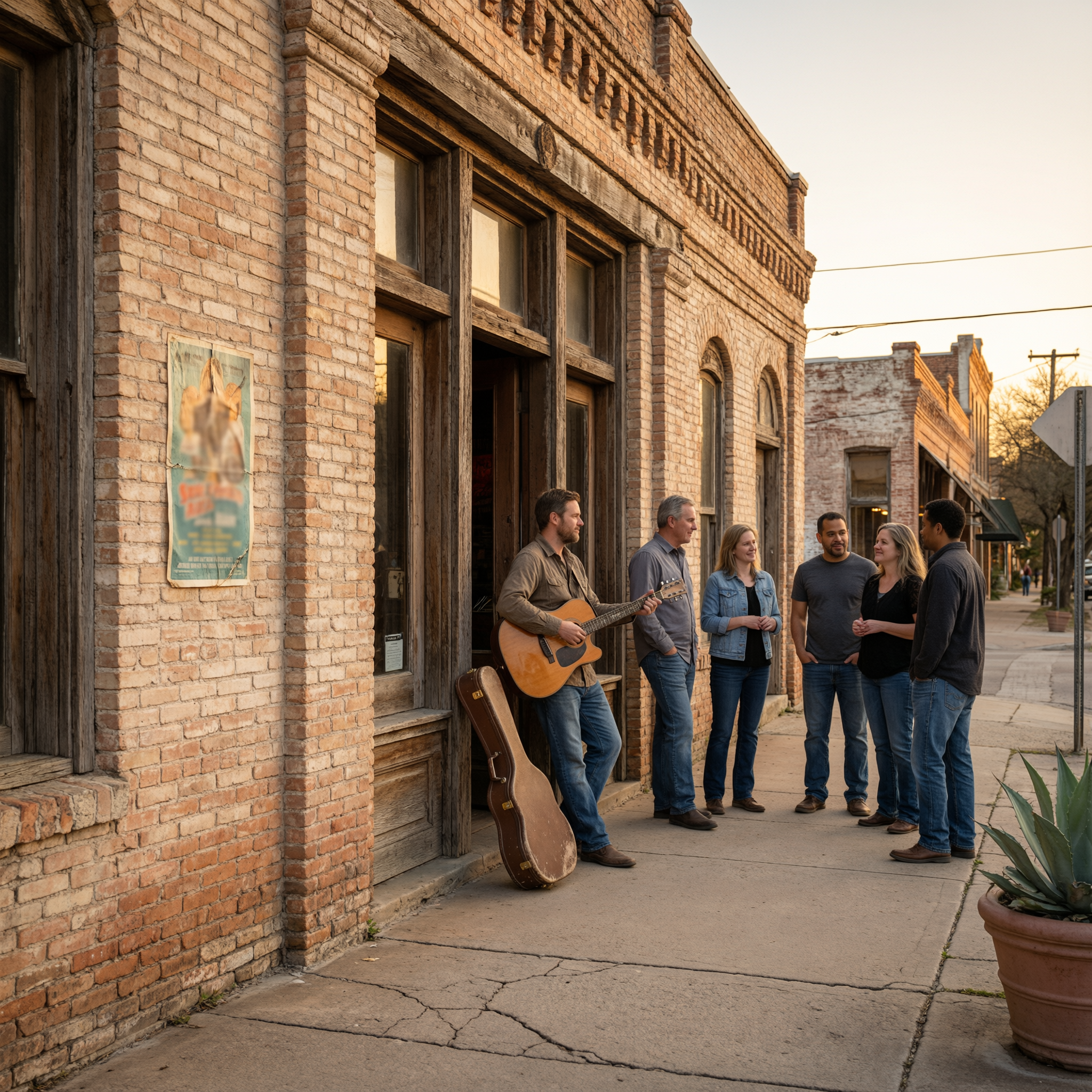 A group of people standing on a sidewalk outside a brick building in downtown Austin, with one person holding an acoustic guitar, representing the city's live music culture