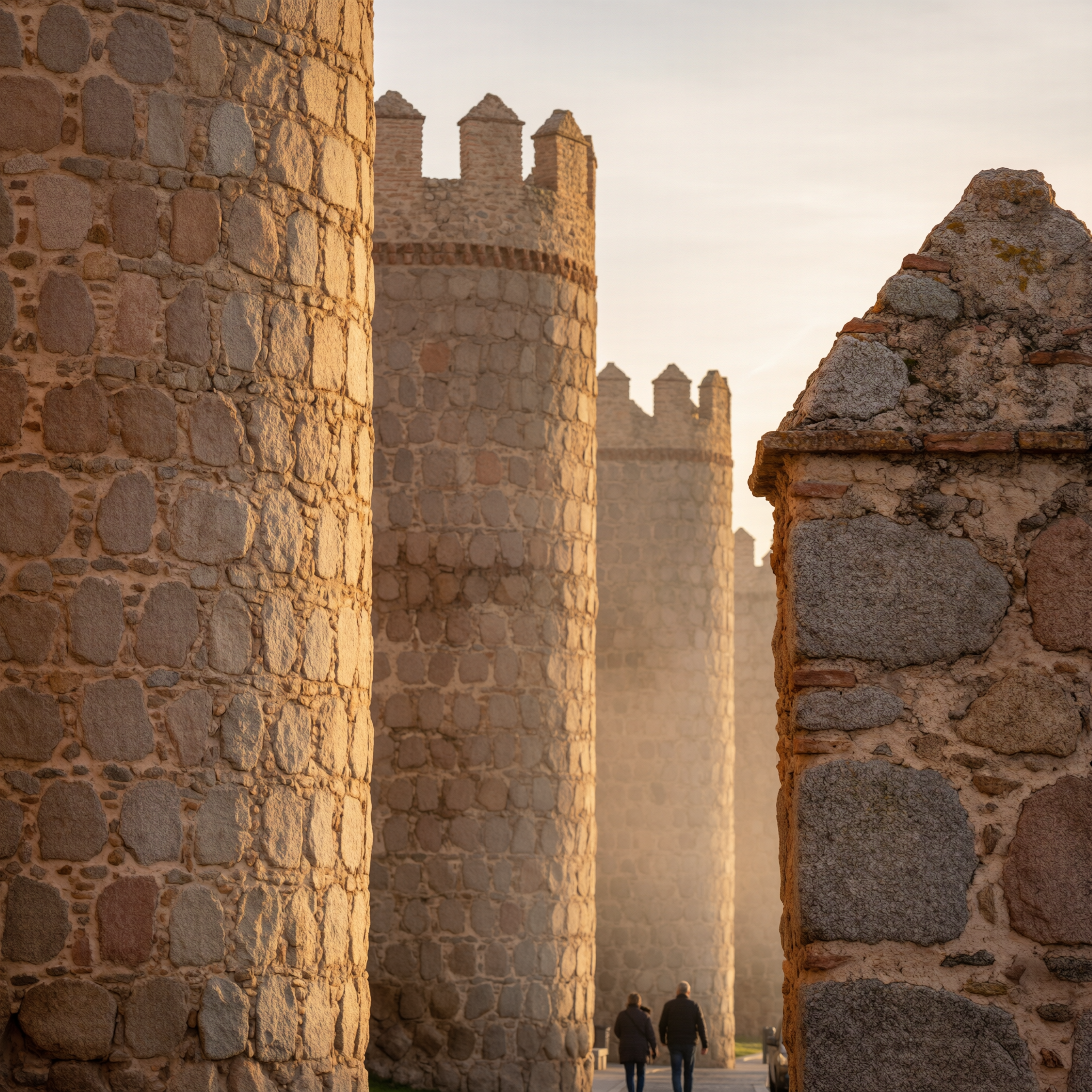 Ancient stone fortification walls of Avila with crenellated towers bathed in golden hour light, two figures walking between the imposing defensive structures