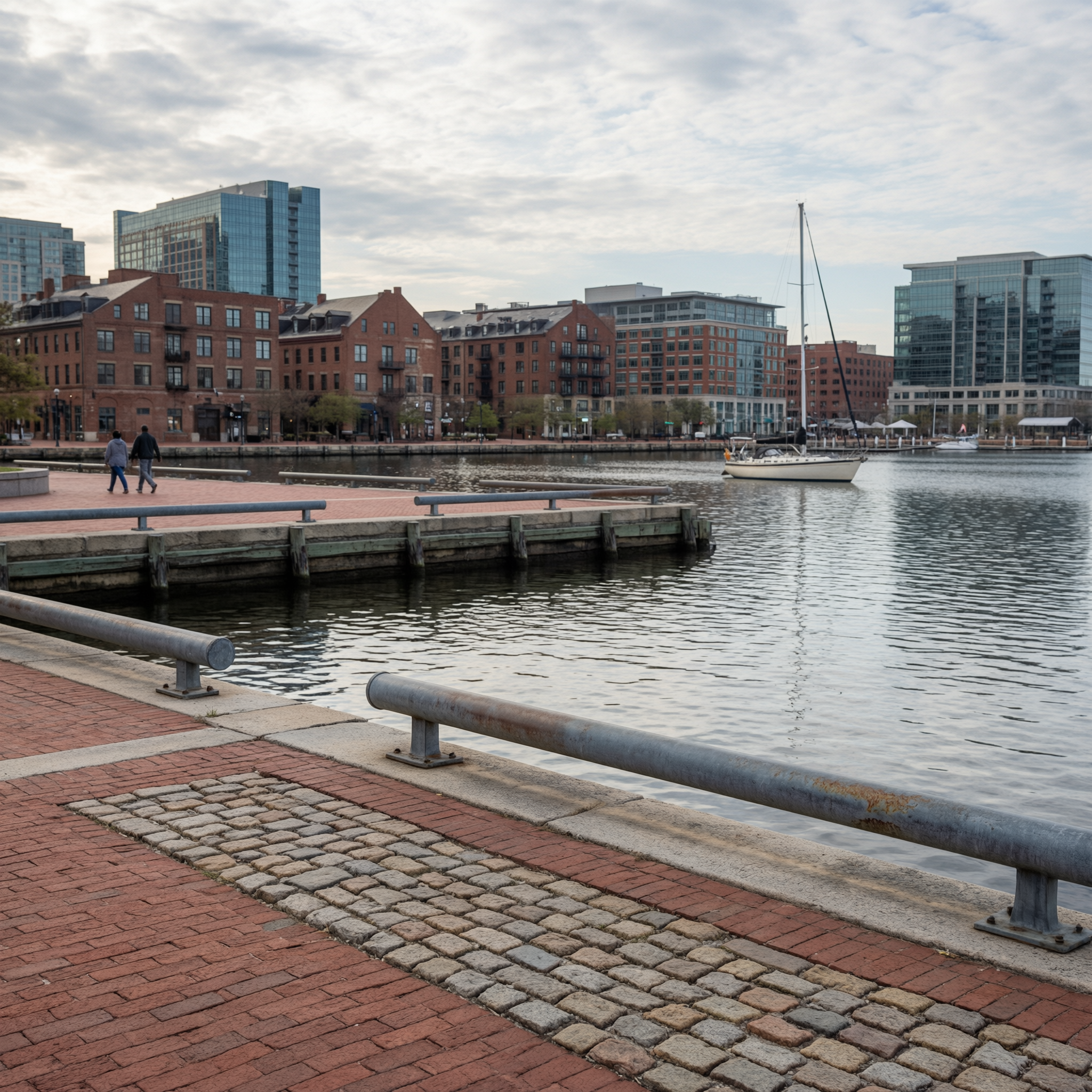 Baltimore Inner Harbor waterfront promenade with sailboat, brick buildings, and modern high-rises along the waterfront