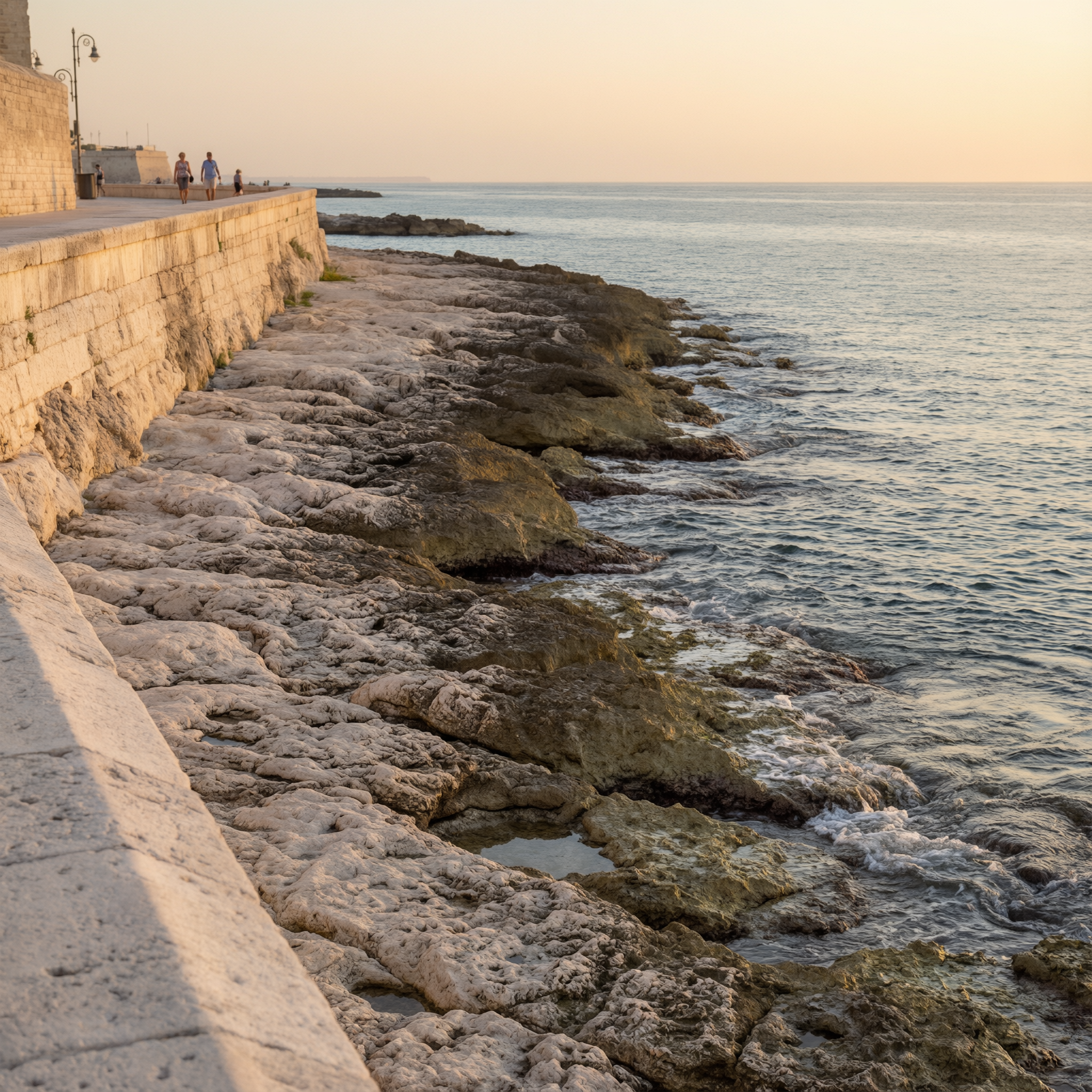 Stone waterfront promenade and rocky coastline along the Adriatic Sea in Bari, Italy at golden hour