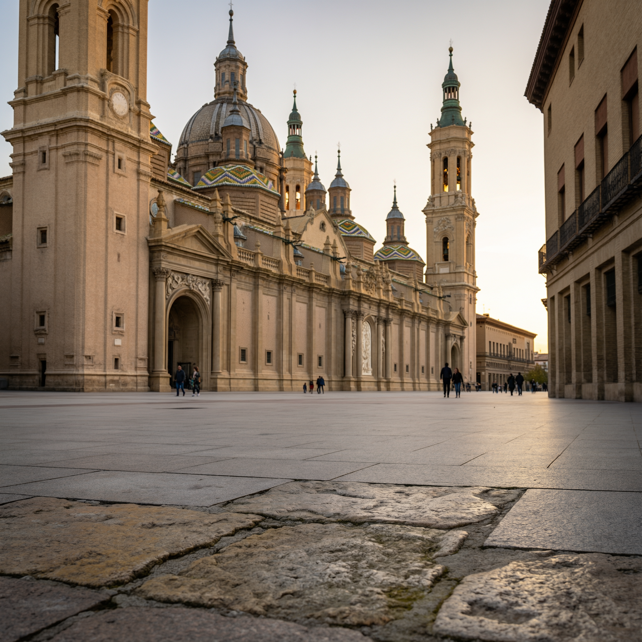 Basilica del Pilar cathedral in Zaragoza during golden hour, showing its distinctive domes and towers reflected in the plaza below