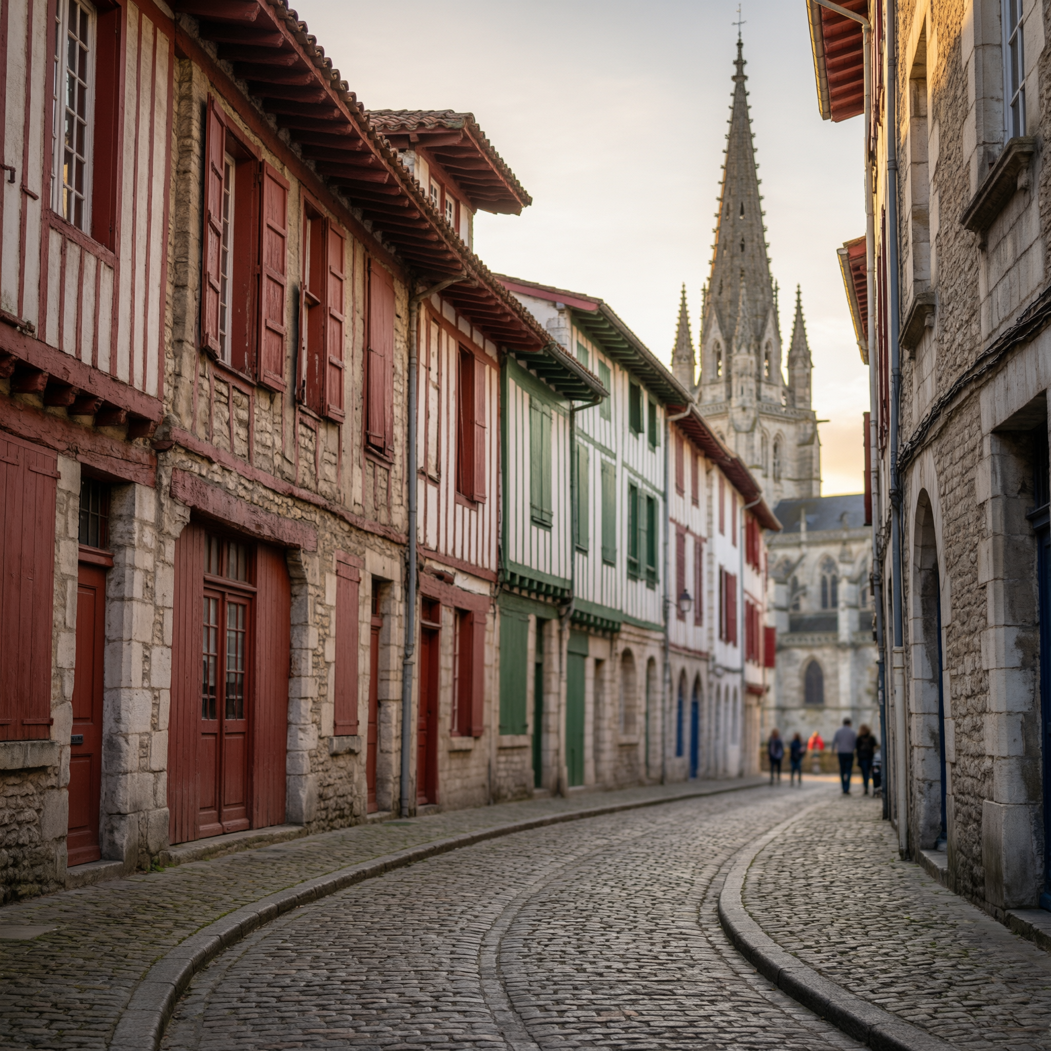 Historic cobblestone street in Bayonne's old town with traditional half-timbered Basque houses featuring red and green shutters, leading toward a gothic cathedral spire in the distance