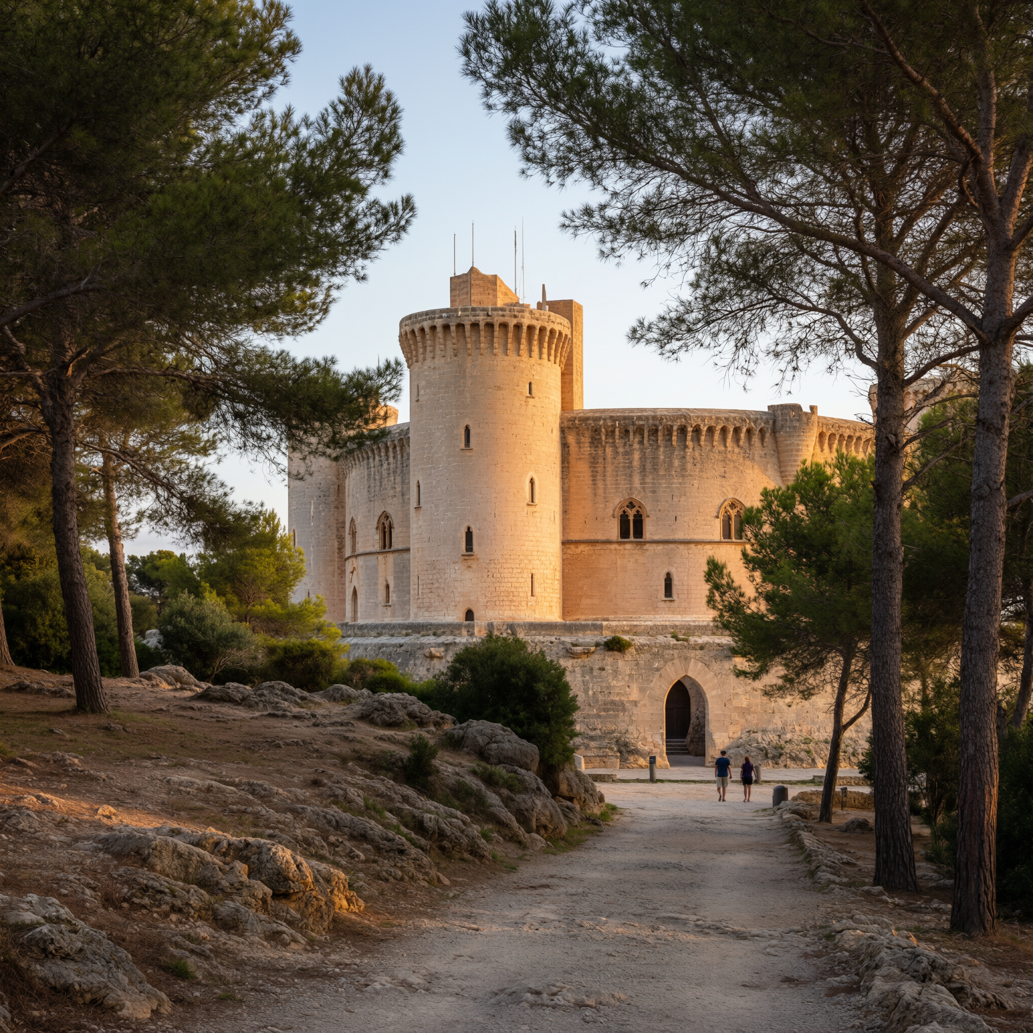 Bellver Castle in Palma, Mallorca, viewed from a tree-lined path at sunset with golden light illuminating the fortress walls and towers