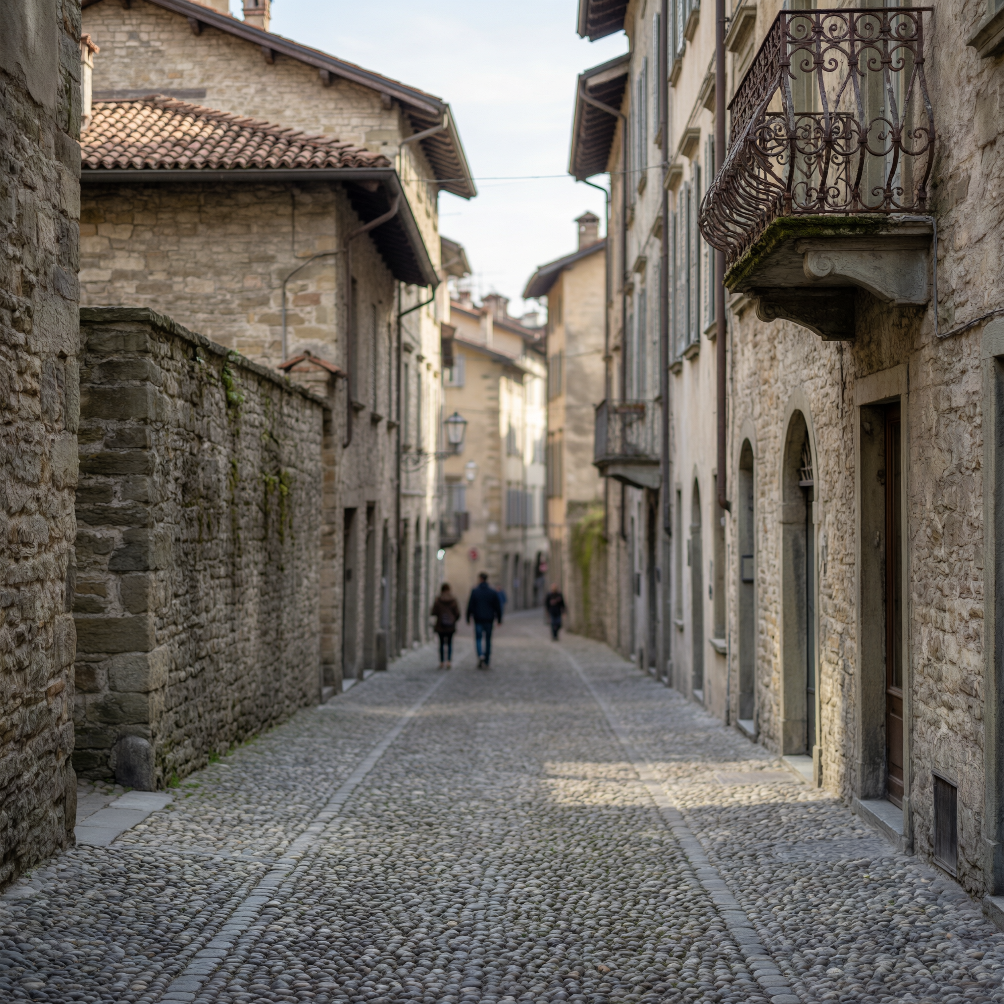 Cobblestone street in Bergamo Città Alta with historic stone buildings and ornate iron balconies, tourists walking in the distance
