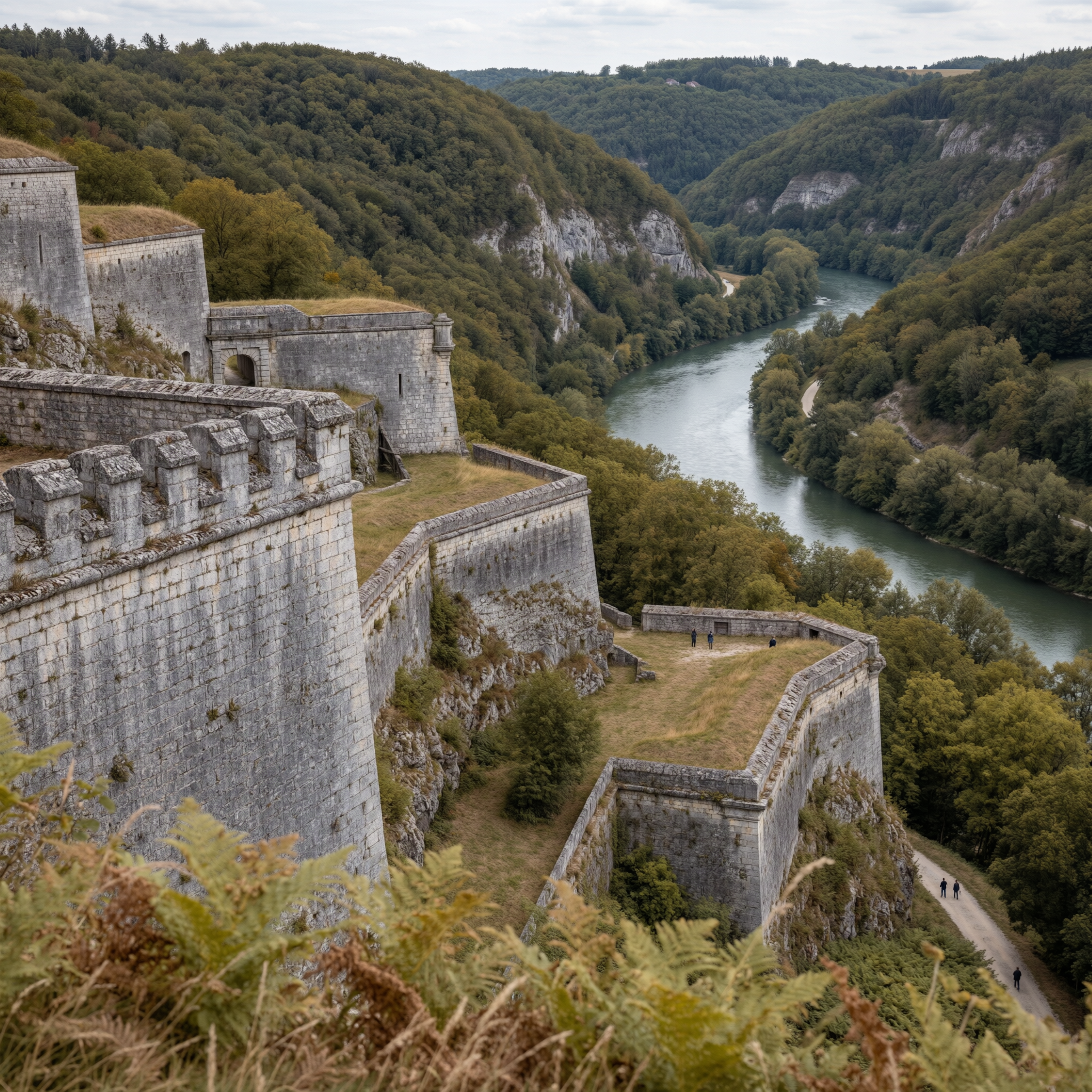 Aerial view of the Citadelle of Besançon's stone fortifications overlooking a winding river through forested hills in the Doubs valley