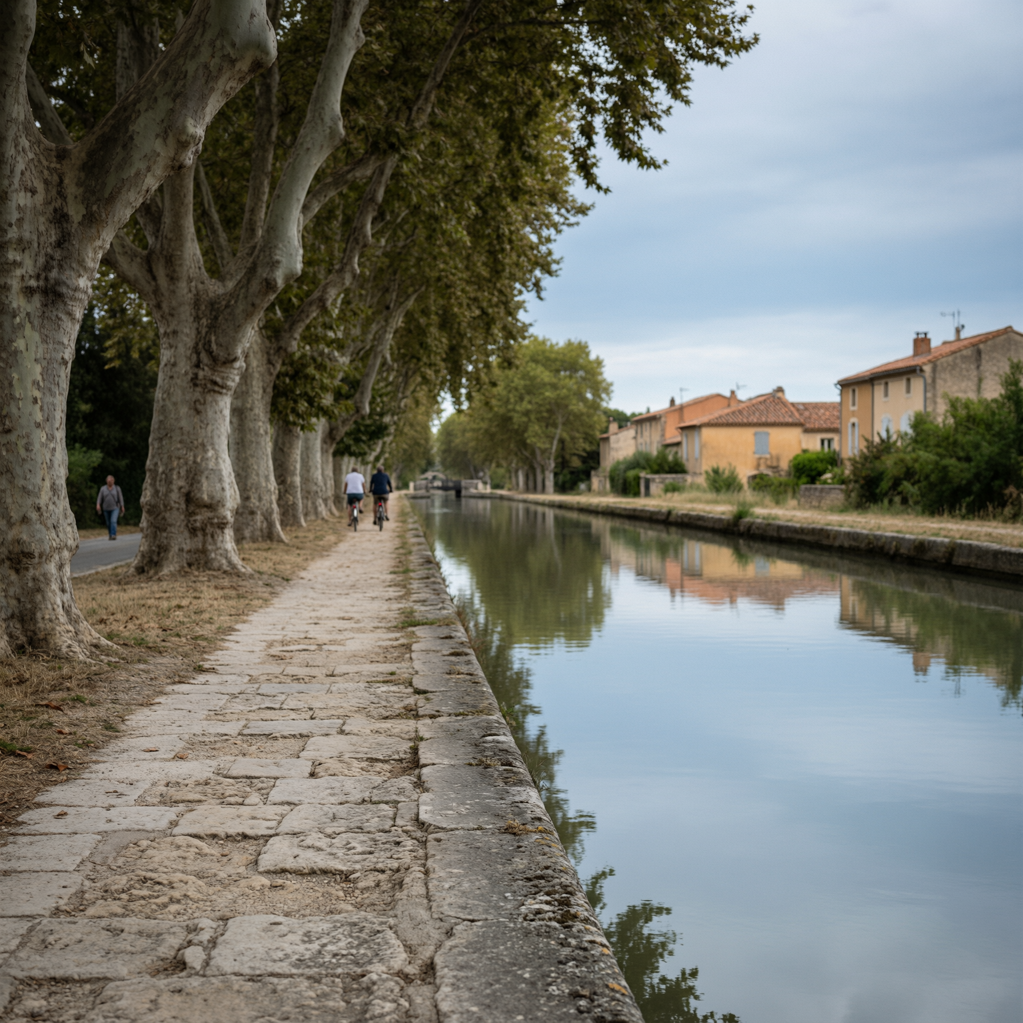 A scenic tree-lined towpath along the Canal du Midi in Toulouse, France, with historic ochre-colored buildings reflected in the calm water