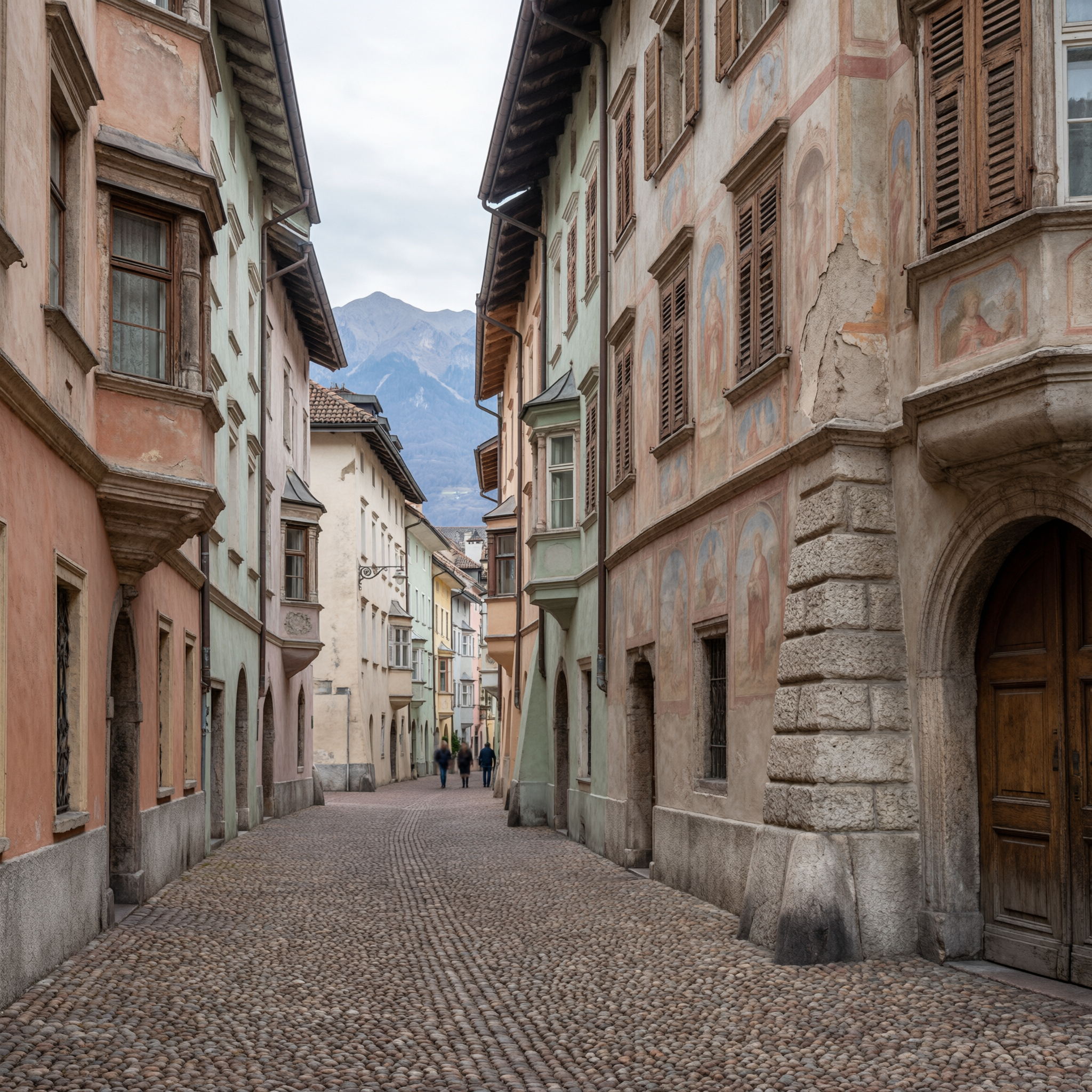 Cobblestone street in Bolzano's old town with colorful historic buildings and mountain views in the Dolomites, Italy