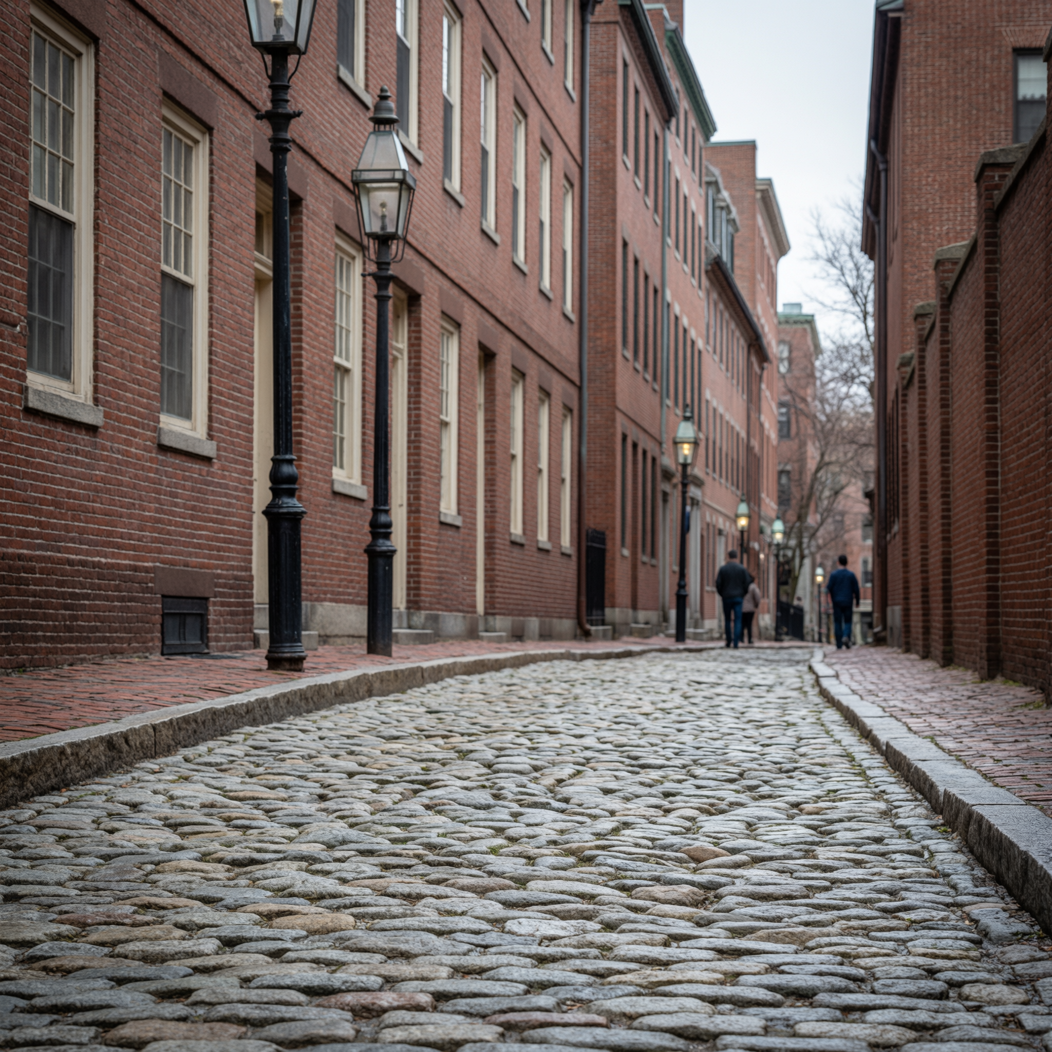 Historic cobblestone street in Boston lined with red brick buildings and traditional gas lamps