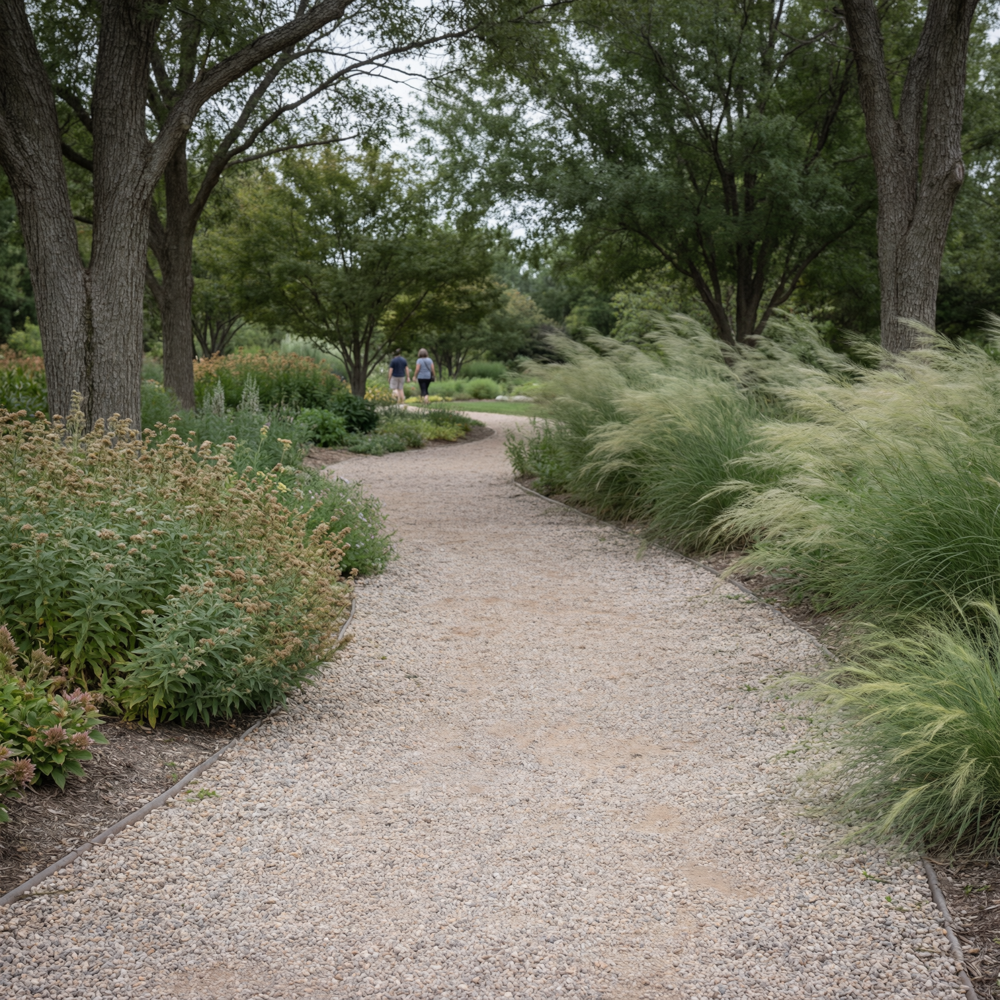 A winding gravel path through Botanica in Wichita, lined with tall trees, ornamental grasses, and shrubs, with visitors walking in the distance
