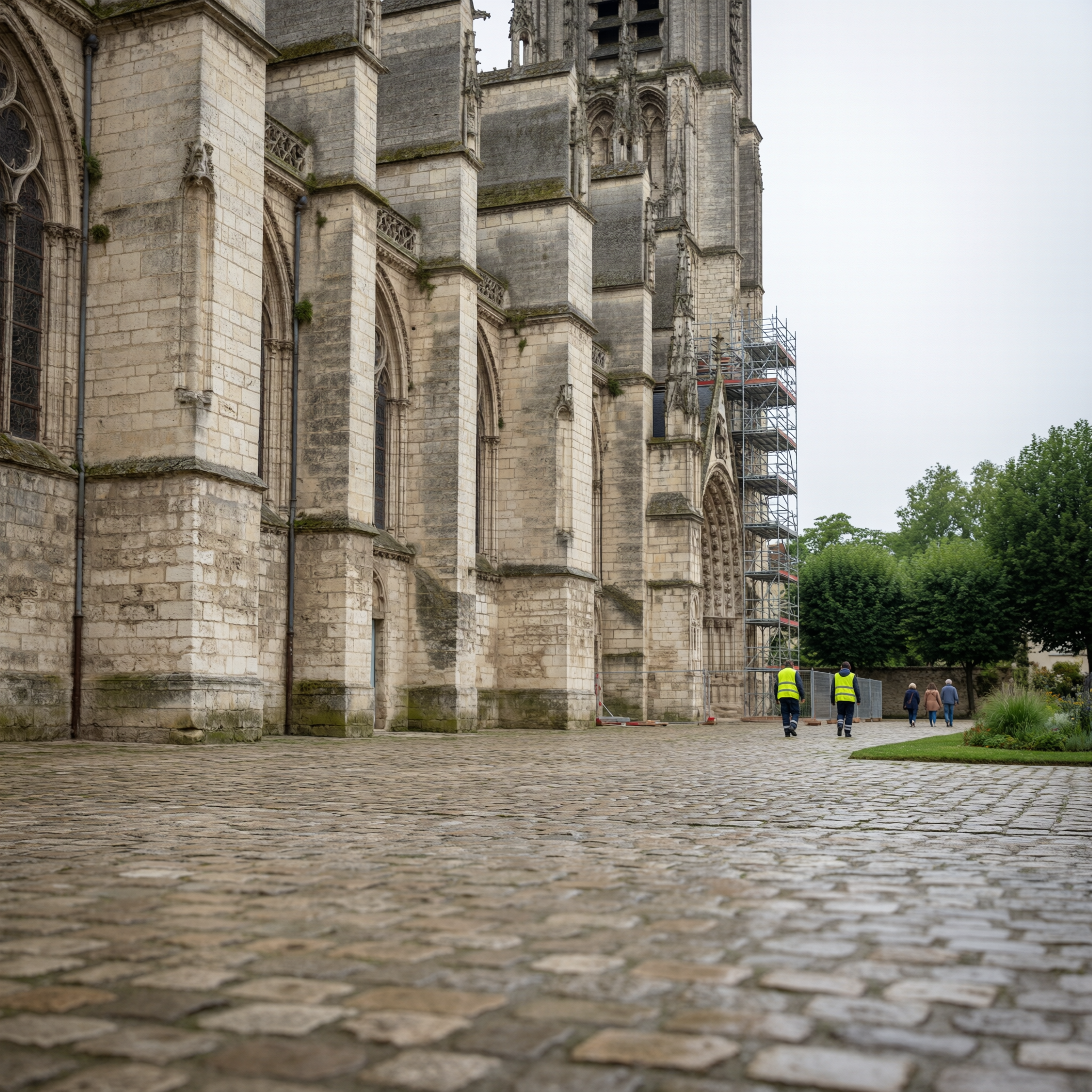 Exterior side view of Bourges Cathedral showing Gothic stone architecture with large buttresses, pointed arch windows, and ornate details, with workers in high-visibility vests visible in the courtyard below