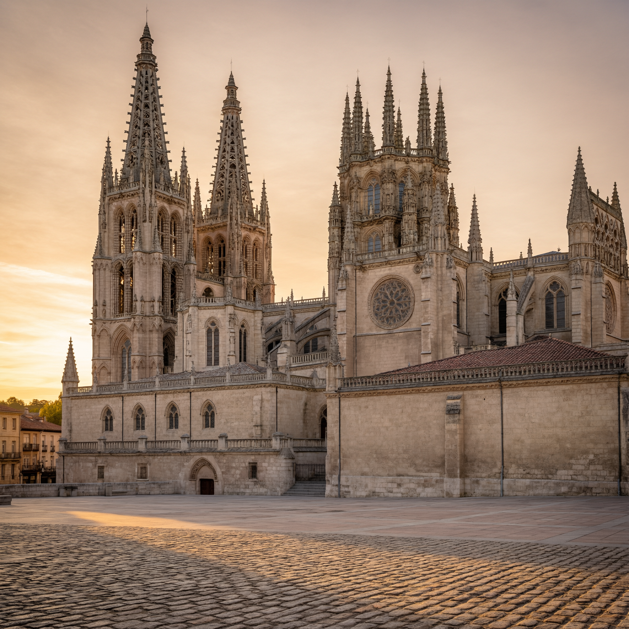 Burgos Cathedral facade with multiple ornate Gothic spires illuminated during golden hour, showing intricate stone detailing and twin towers against a warm sunset sky