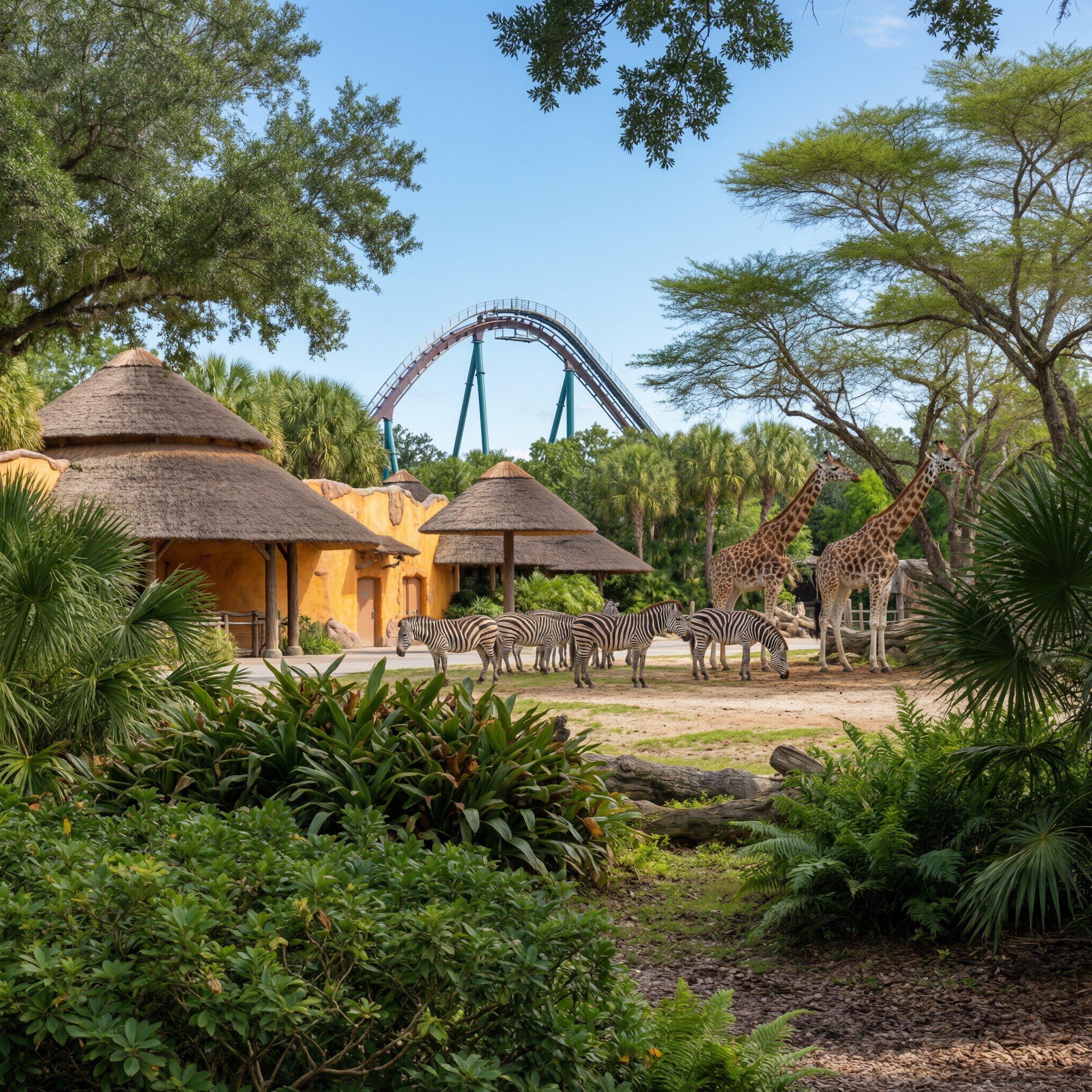 Busch Gardens Tampa's Serengeti area featuring zebras and giraffes near African-themed huts with a roller coaster in the background