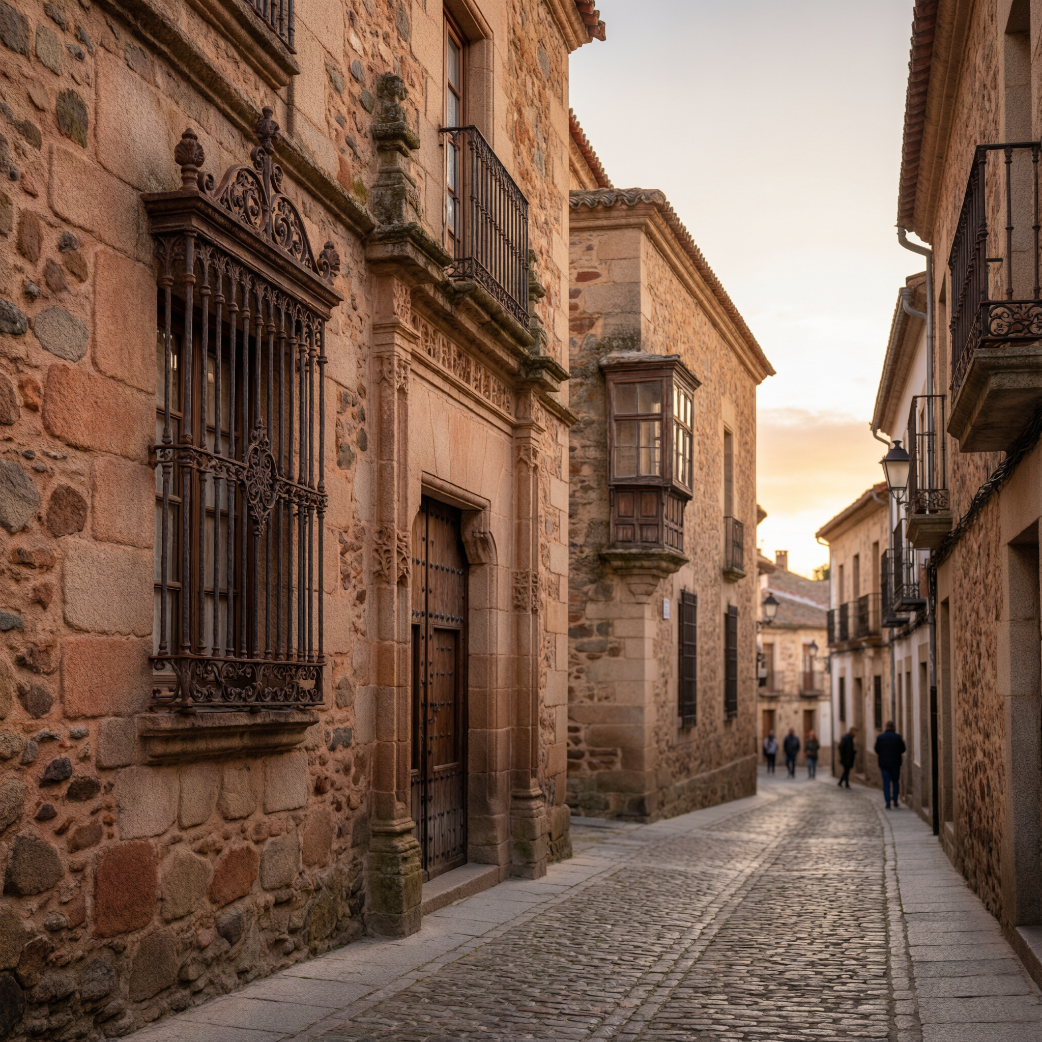 A narrow cobblestone street in the old town of Cáceres lined with historic stone buildings featuring ornate wooden doors and iron-barred windows, photographed during golden hour