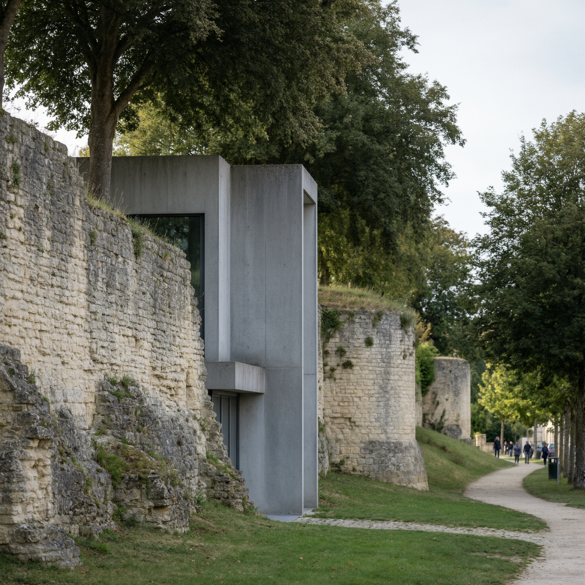 Modern gray concrete memorial structure built between historic stone fortress walls in Caen, France, with lush green trees and a pathway
