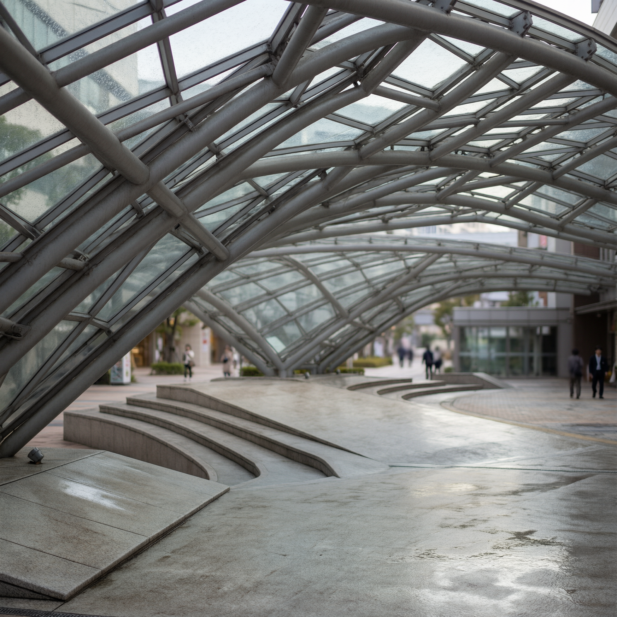 Interior view of the curved glass and metal architectural structure at Canal City Fukuoka's plaza, with distinctive ribbed ceiling and seating areas visible through the transparent panels