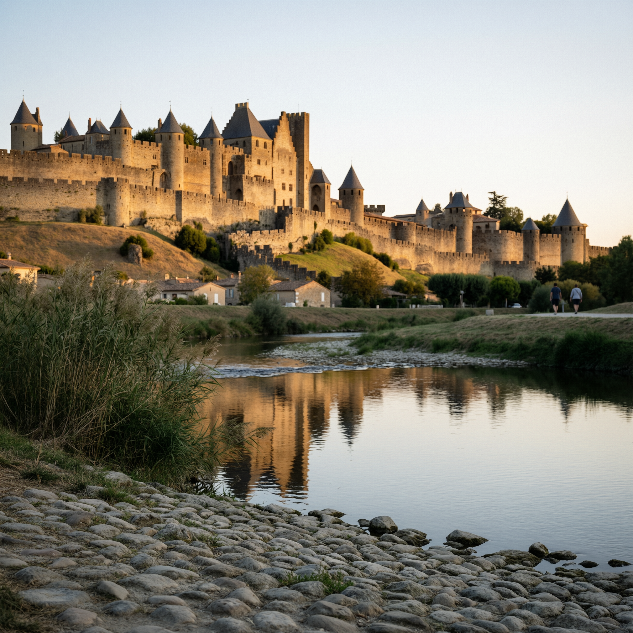 Carcassonne fortress illuminated at golden hour, viewed from across the river with stone beach in foreground