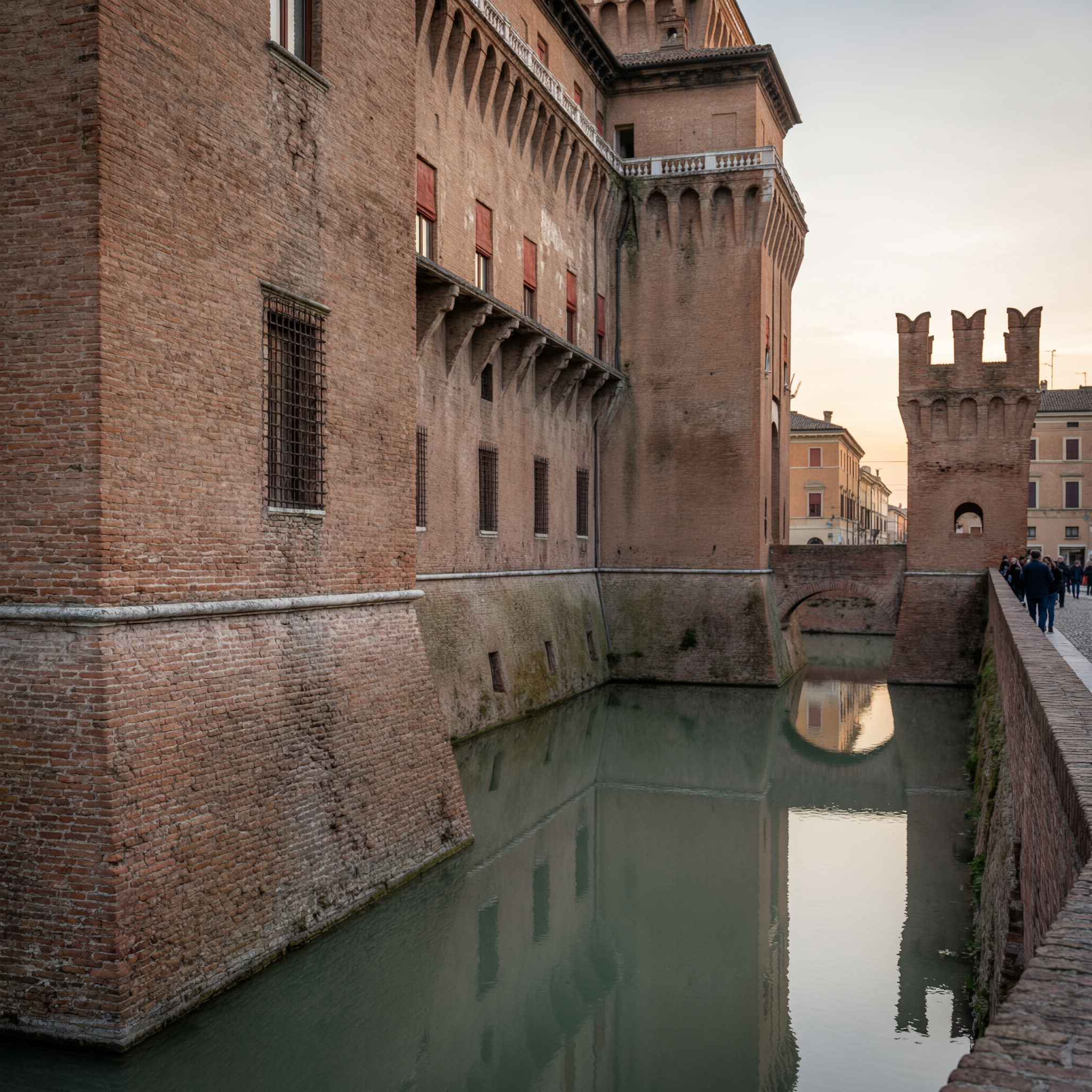 Moat surrounding Castello Estense with crenellated tower and brick fortification walls in Ferrara, Italy