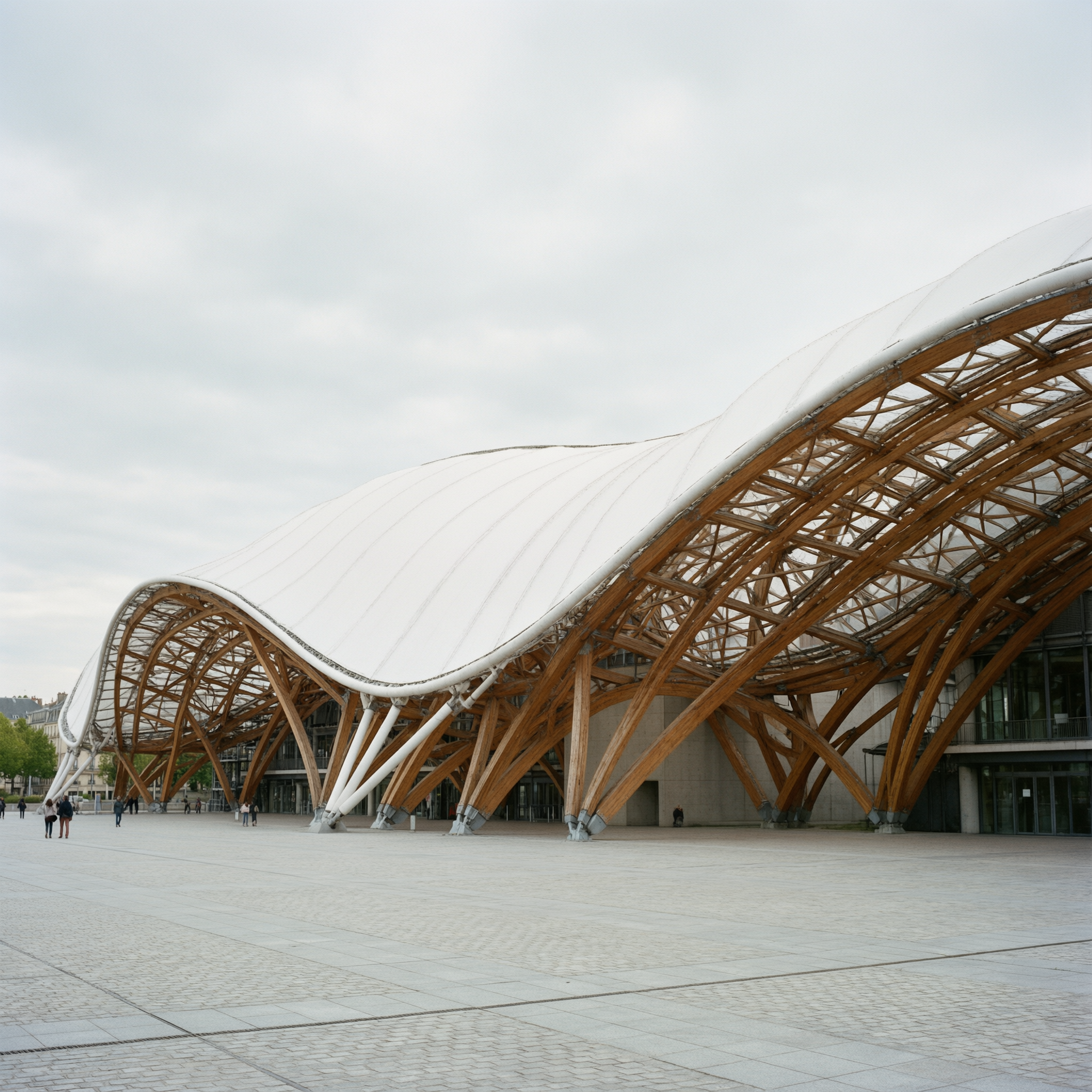 Exterior view of Centre Pompidou-Metz with its distinctive undulating white membrane roof and wooden lattice structure, located in Metz, France