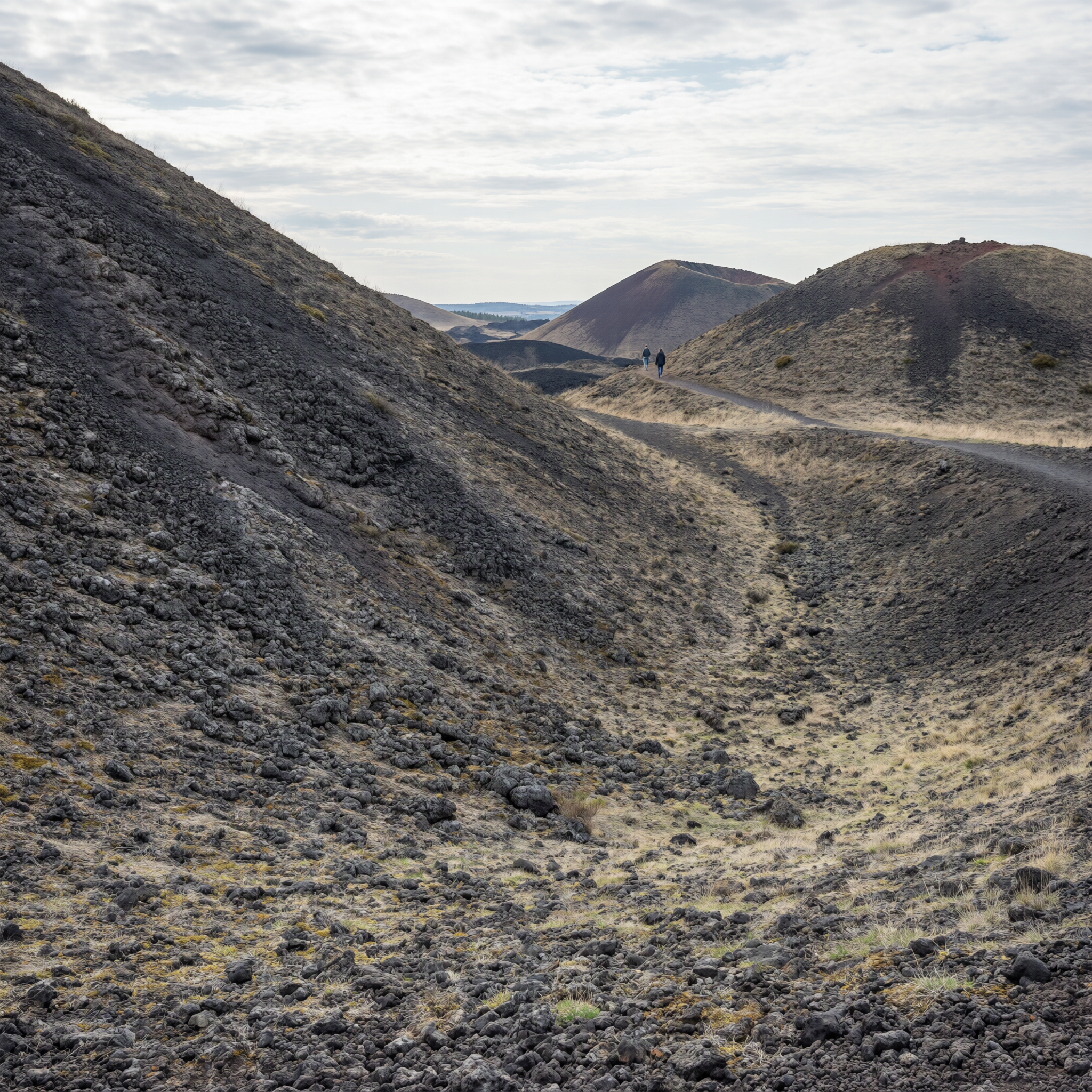 Volcanic cones in the Chaîne des Puys landscape with hikers walking on the dark lava fields, located near Clermont-Ferrand, France