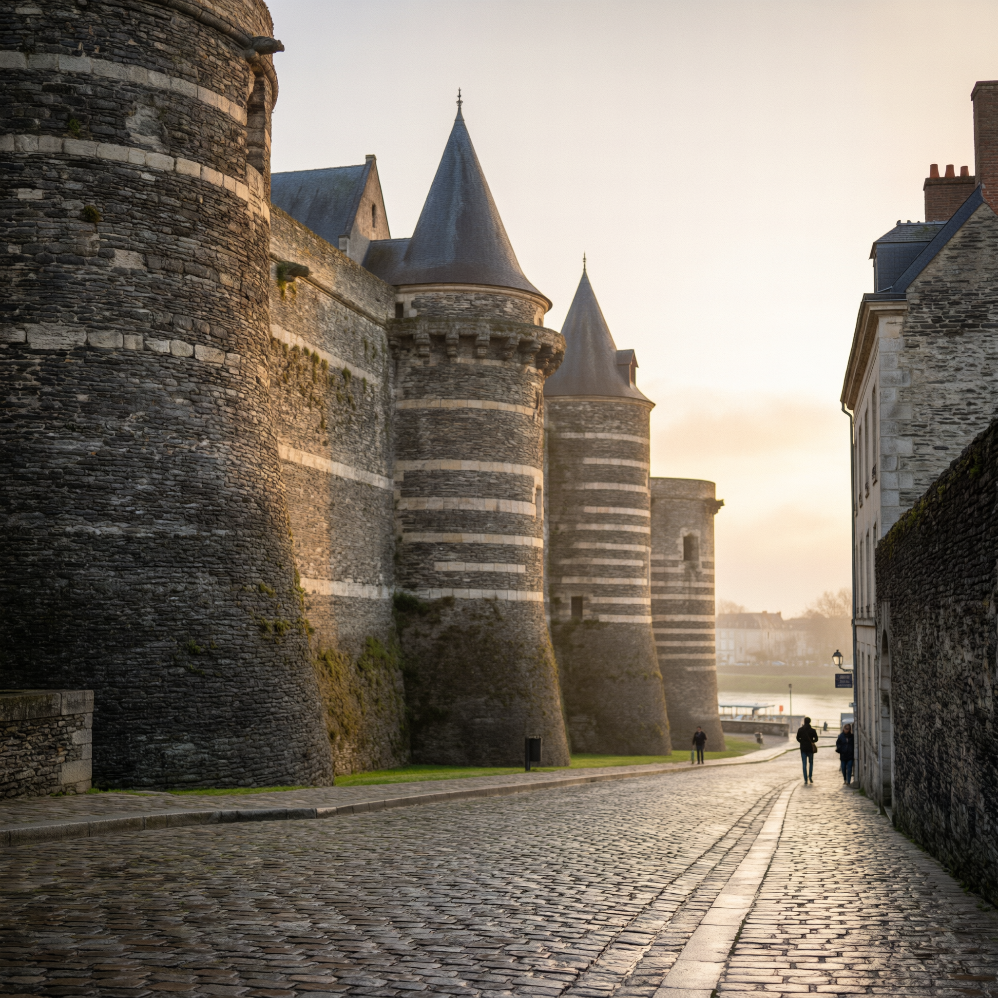 Street view of Château d'Angers showing stone towers with conical roofs in Angers, France
