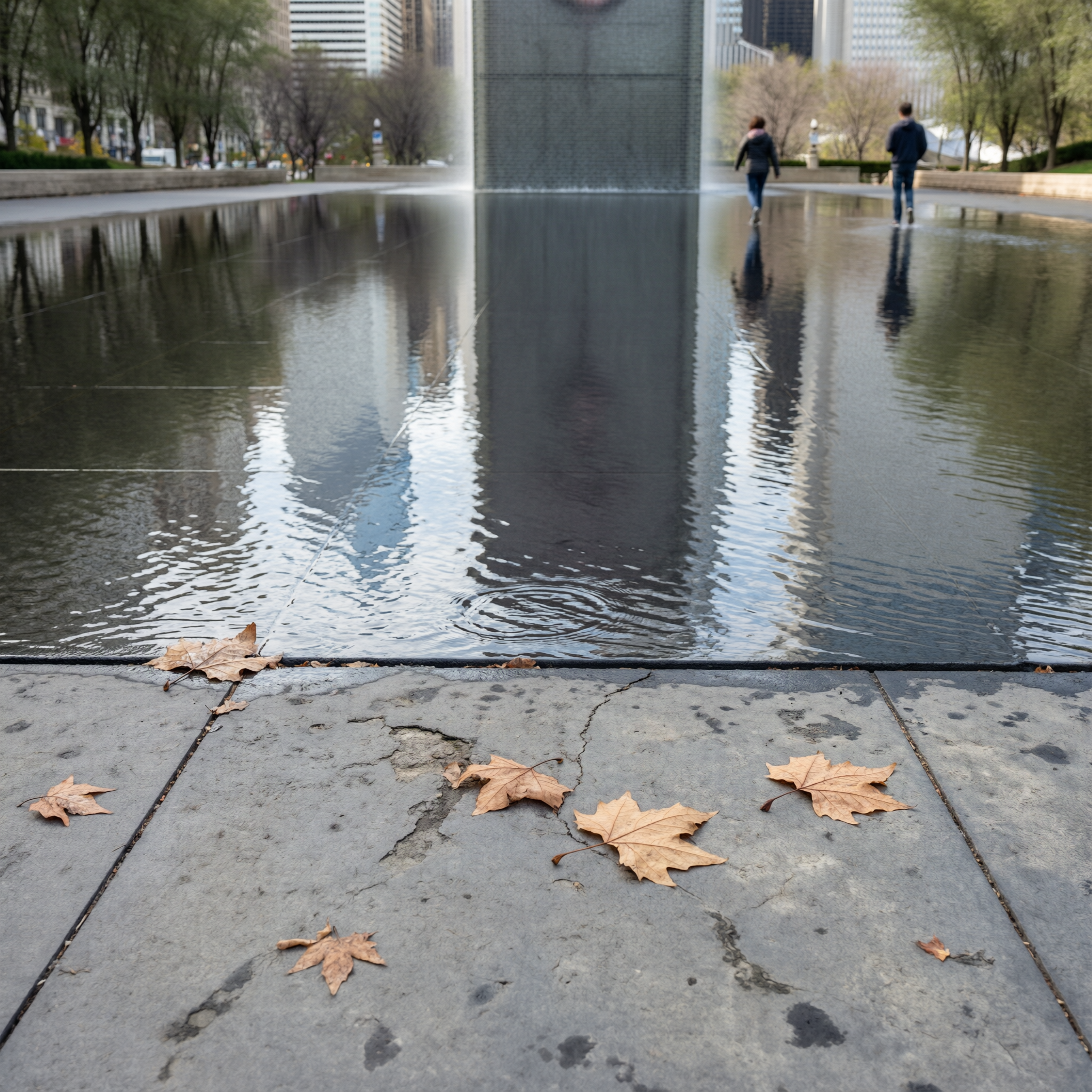 Fallen autumn leaves on the pavement of Crown Fountain Plaza in Chicago's Millennium Park, with the iconic water feature and reflecting pool in the background and people walking in the distance