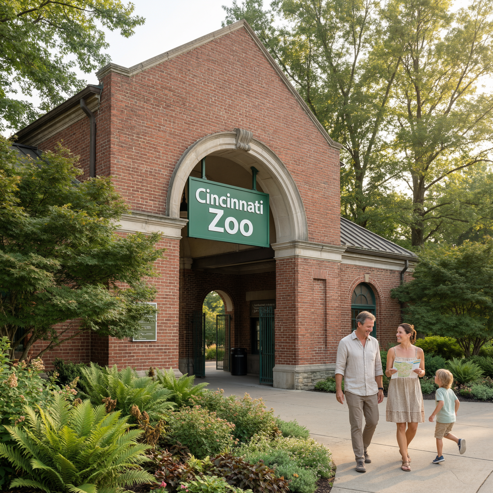Family walking towards the Cincinnati Zoo main entrance, a brick building with an arched doorway and green signage