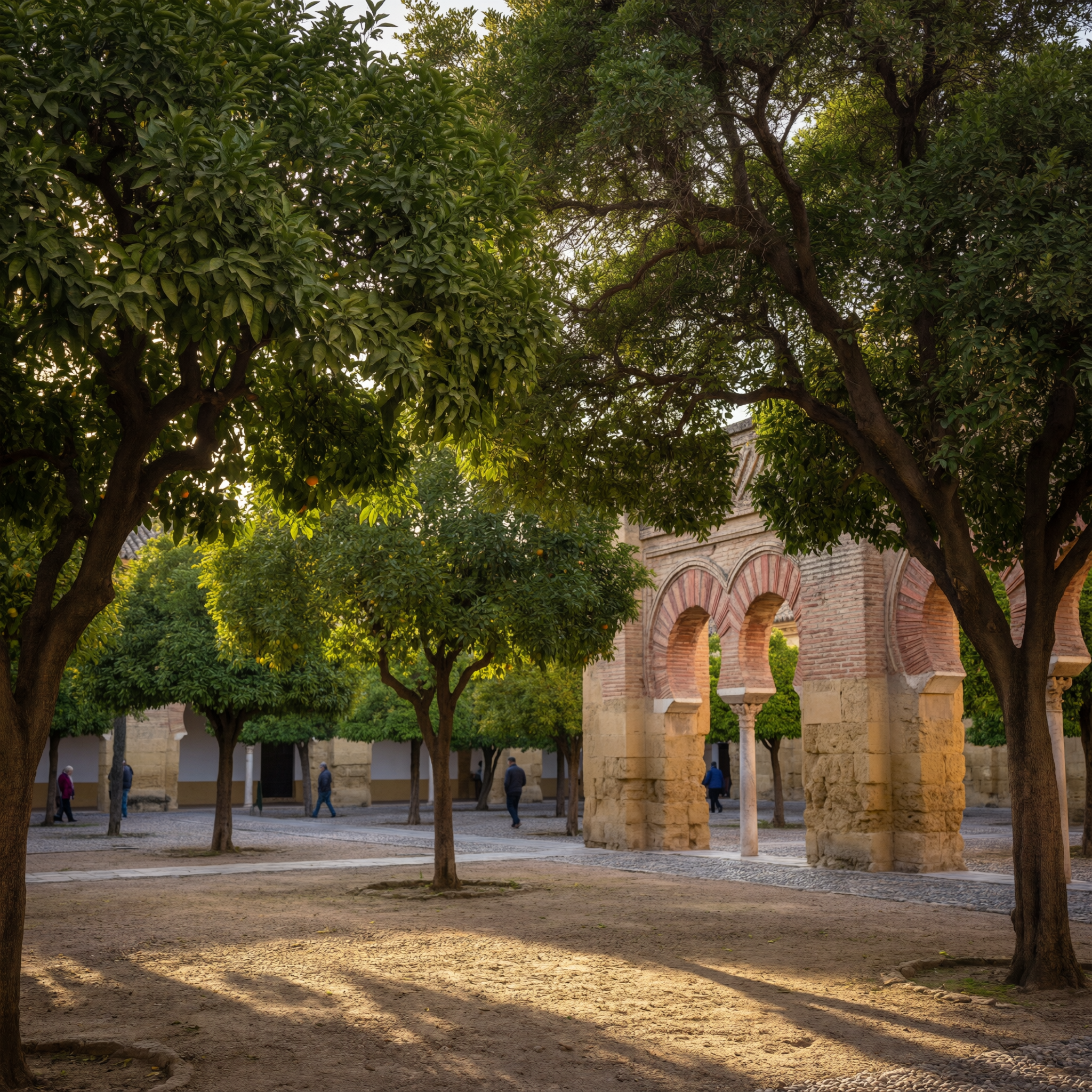 Shaded courtyard with mature trees and historic stone architecture featuring Moorish arches in Córdoba, Spain