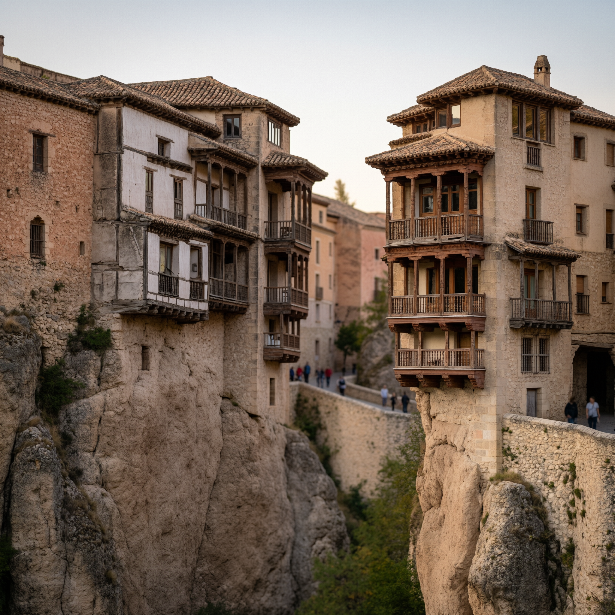 Historic hanging houses perched on cliffs overlooking the Huécar Gorge in Cuenca, Spain, featuring traditional architecture with wooden balconies and terracotta roofs