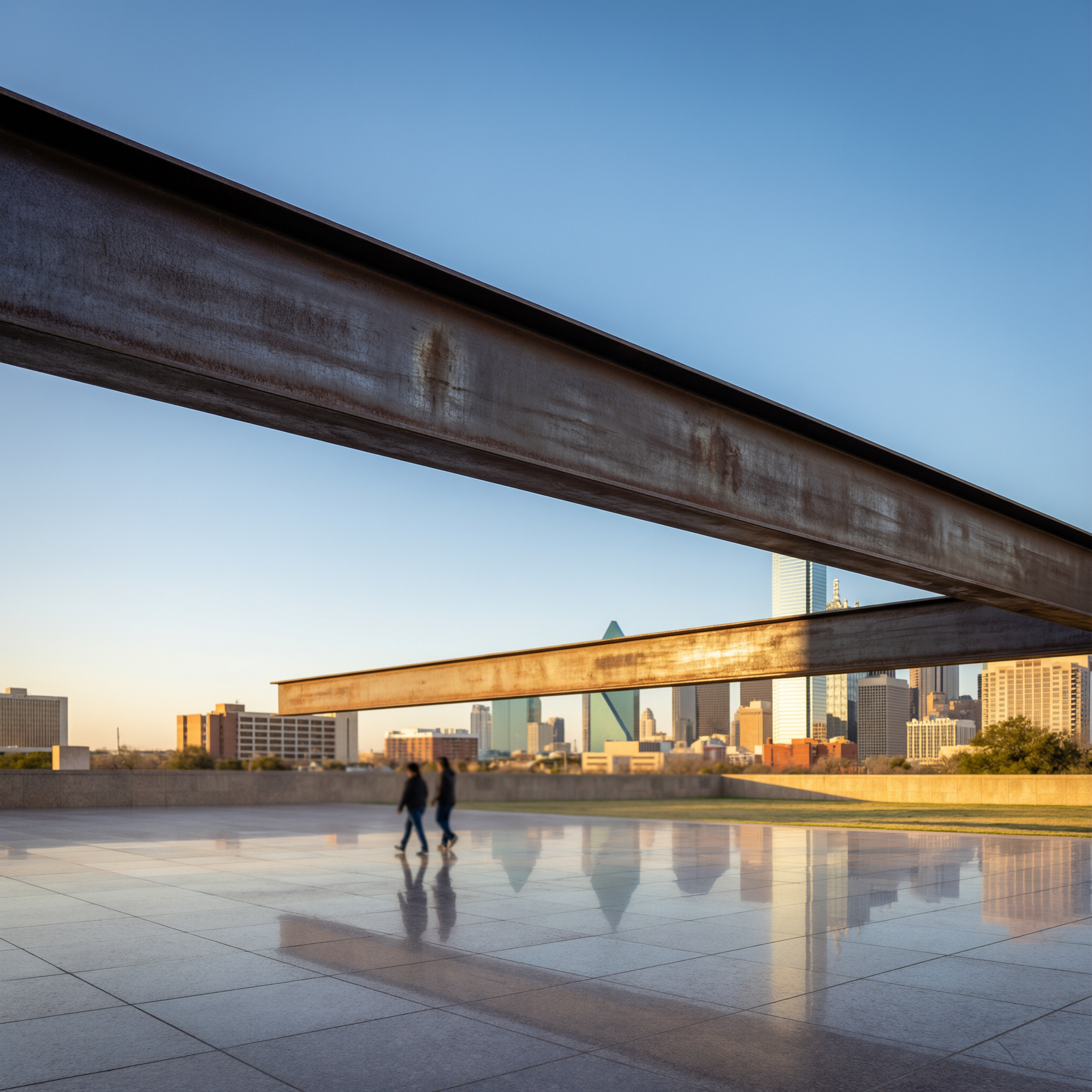 Dallas JFK Memorial 2 Two people walking beneath the angular steel beams of the JFK Memorial in Dallas, with the city skyline glowing in golden hour light behind them