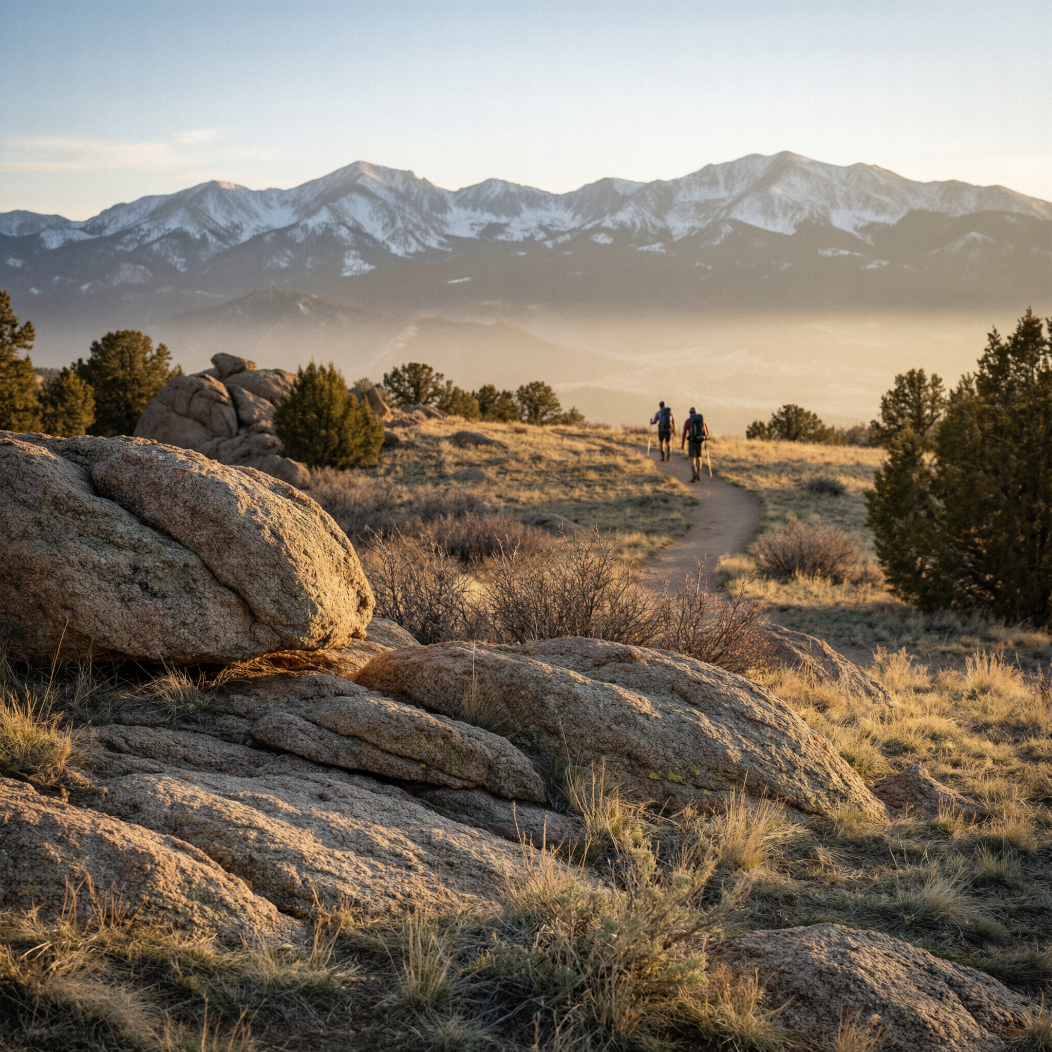 Hikers on a trail through rocky foothills with snow-capped mountains in the background during golden hour near Denver