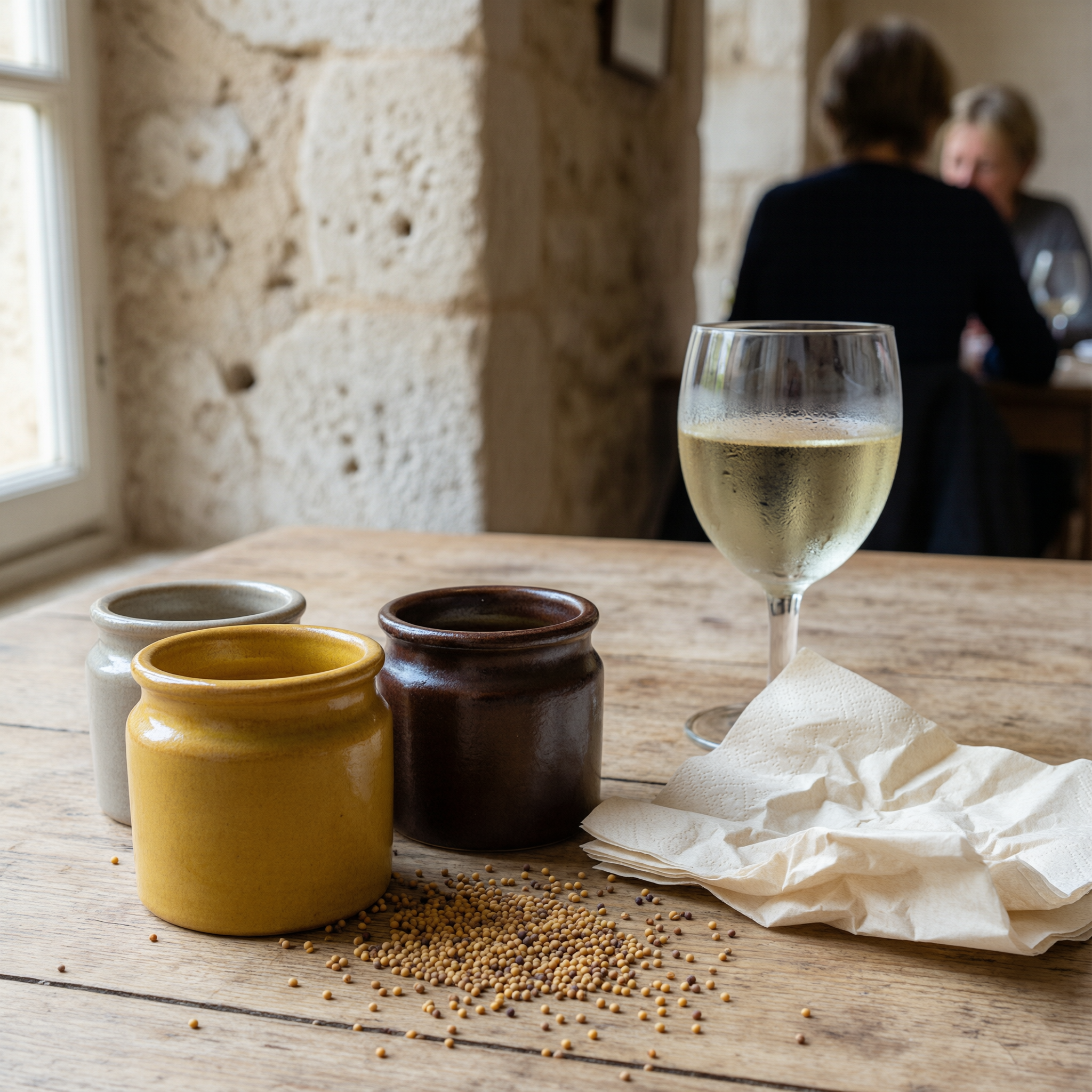 A tasting table display featuring yellow and brown ceramic jars with mustard seeds scattered on wooden surface, a glass of white wine, and white napkins, with stone walls and visitors in the background at what appears to be a Dijon mustard establishment