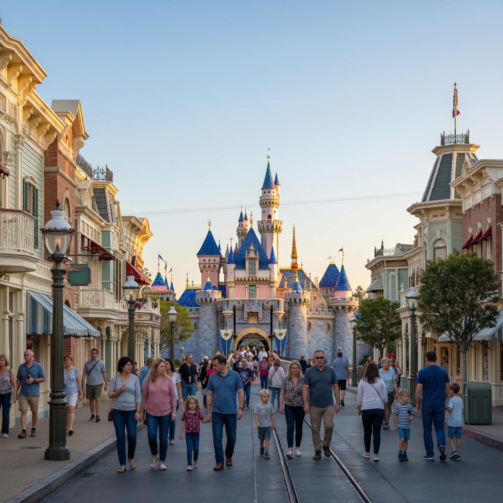 Cinderella Castle at the end of Main Street USA with crowds of visitors walking through the street lined with Victorian-style buildings