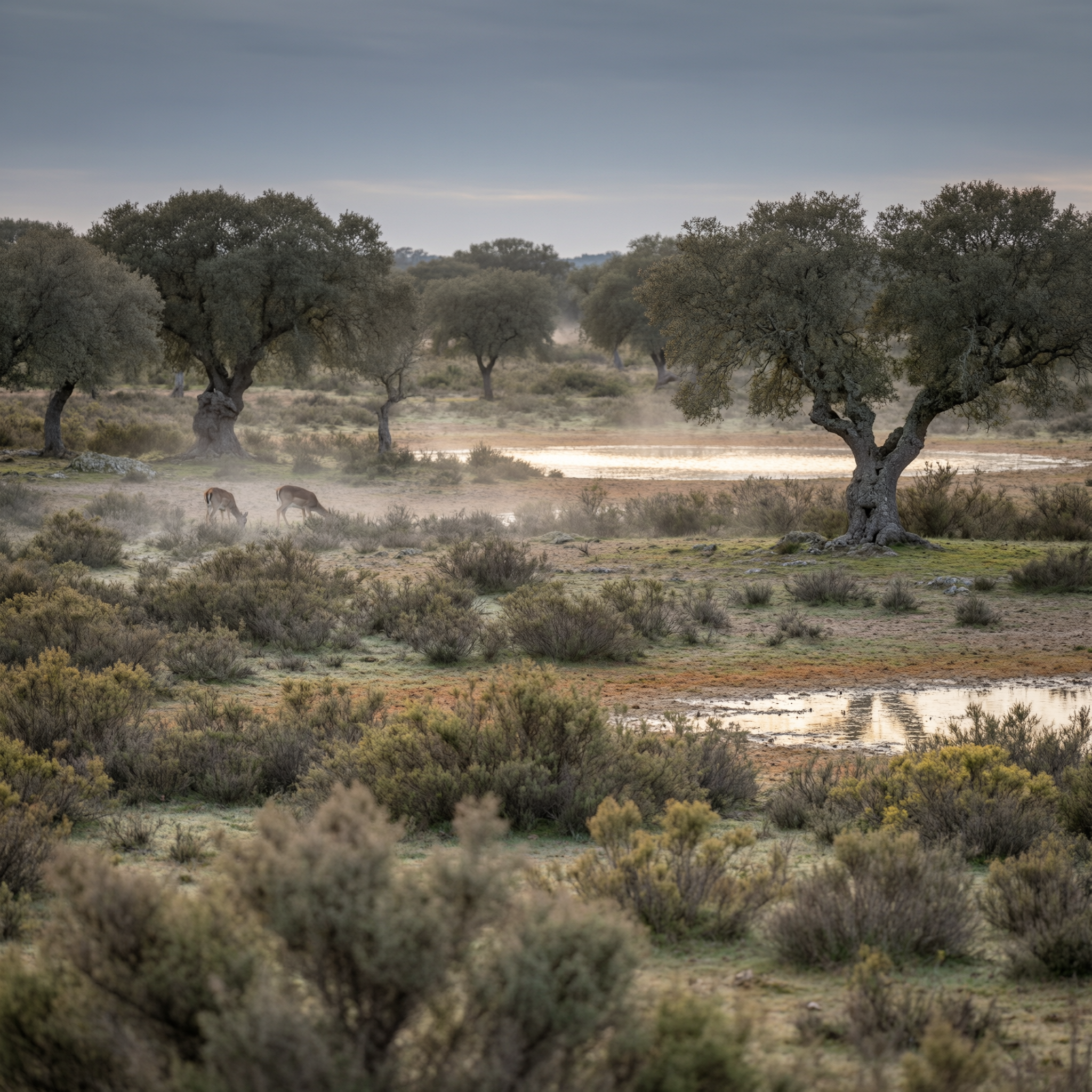 Deer grazing in marshland with olive trees and water reflections at Doñana National Park, Seville