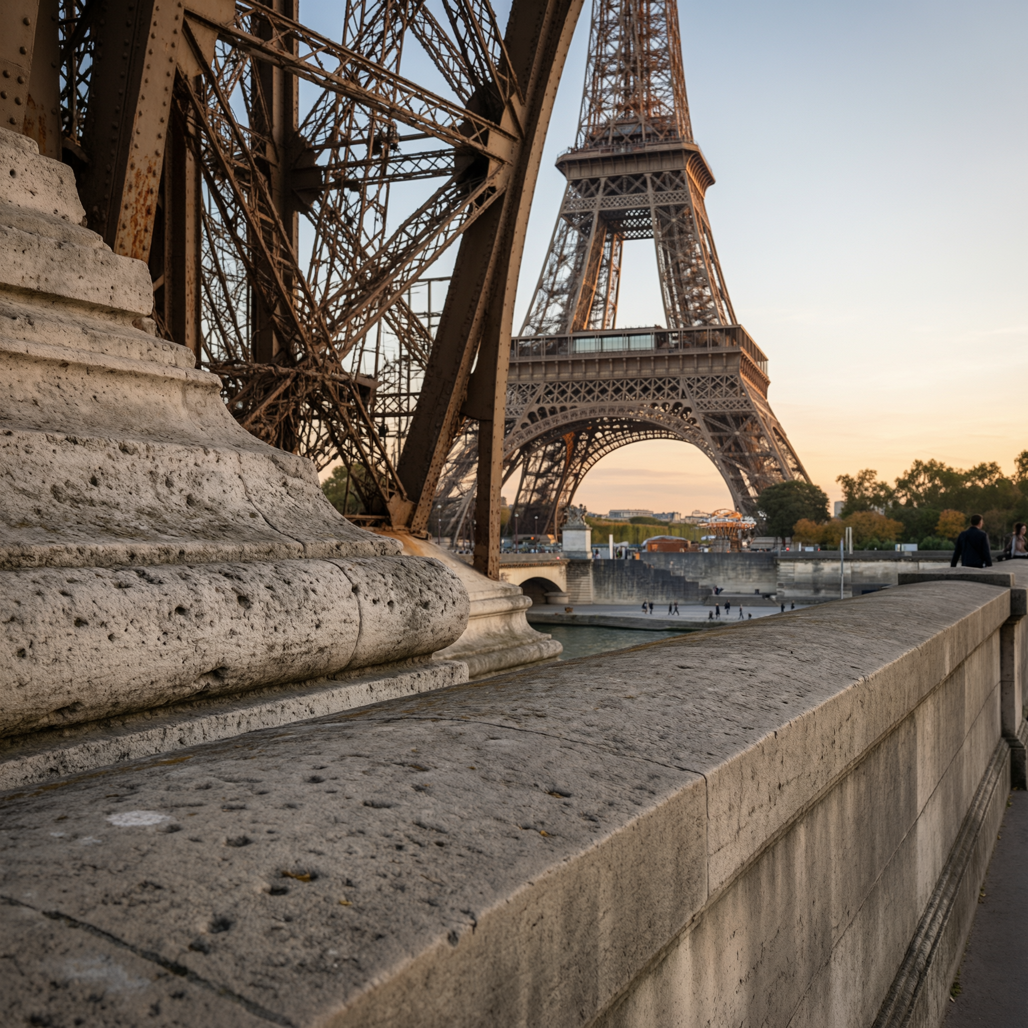Paris Must-See Attractions 11 Close-up view of the Eiffel Tower's iron structural beams and base with the Seine River and Trocadéro plaza visible in the background during golden hour in Paris