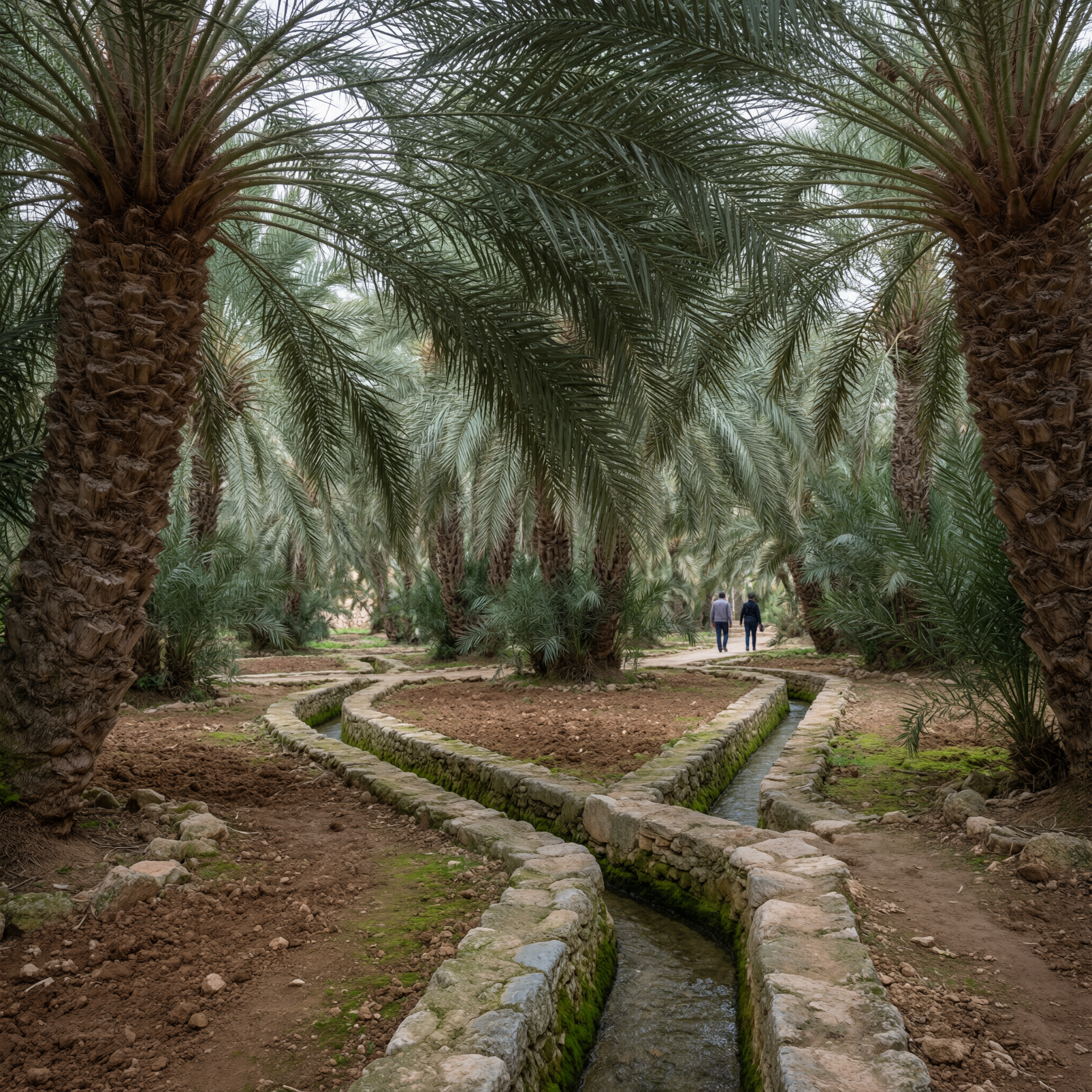 People walking through a palm grove in Elche with stone irrigation channels, UNESCO World Heritage site in Elche, Spain