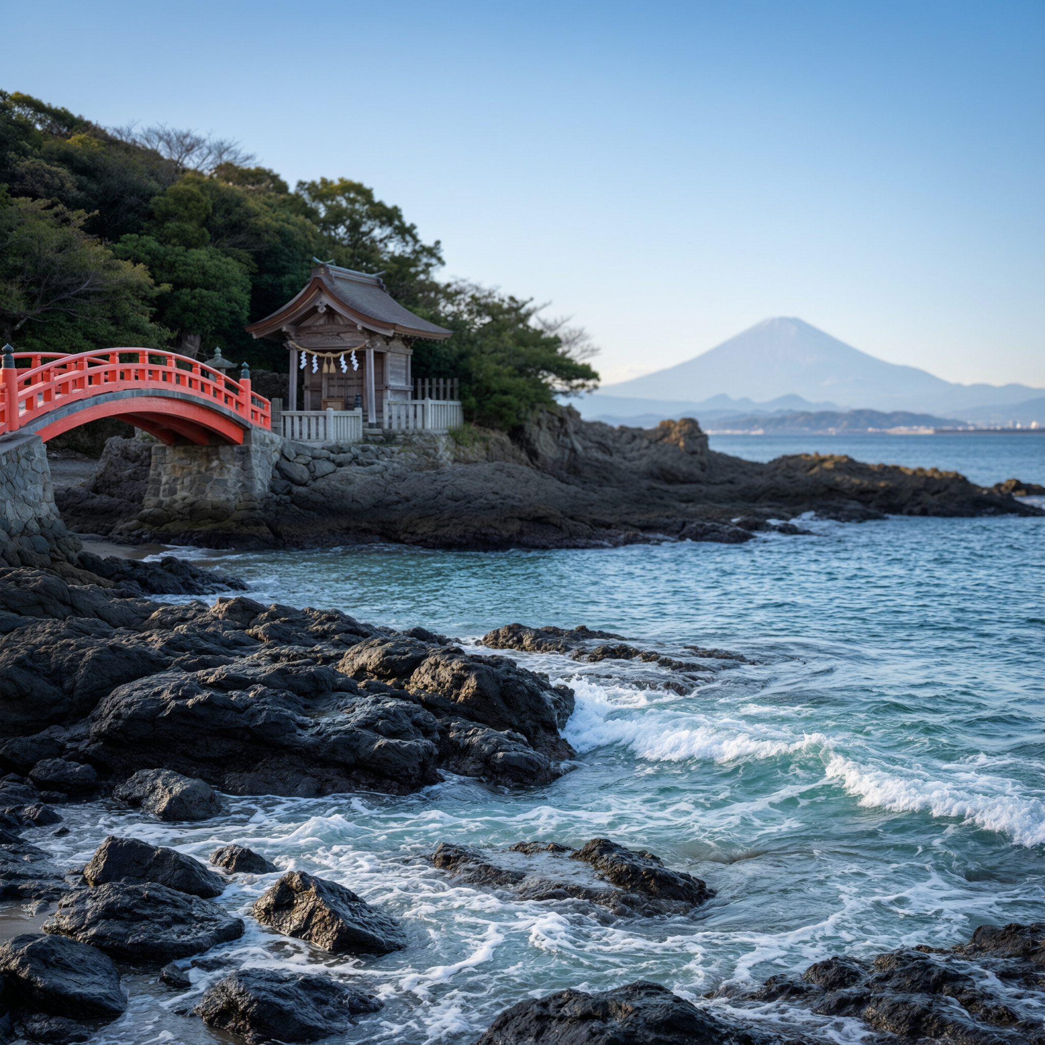 Enoshima Island Shrine with red bridge and Mount Fuji in the background, Kamakura, Japan