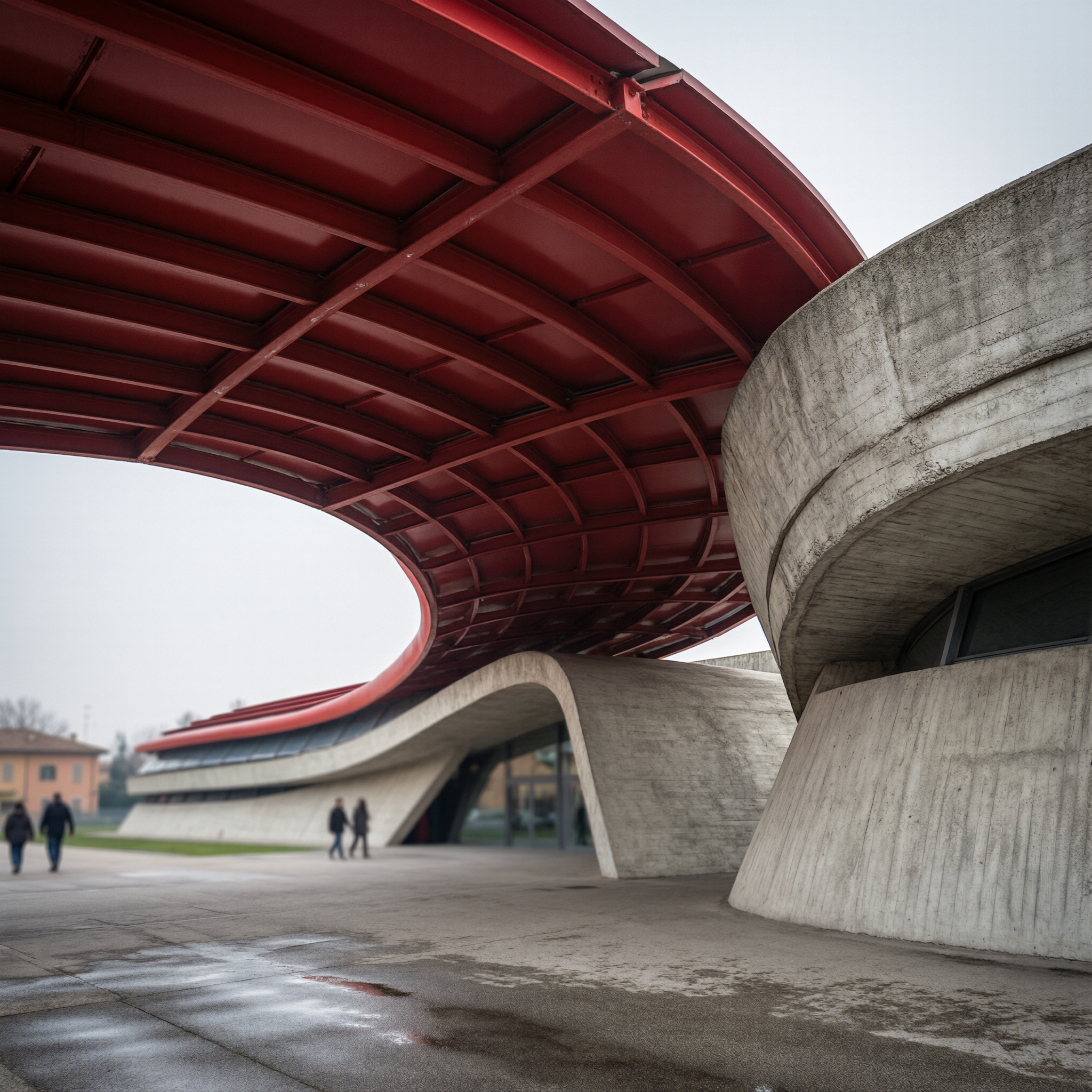 Modern curved architecture of the Enzo Ferrari Museum in Modena, featuring distinctive red steel beams and concrete cylindrical supports