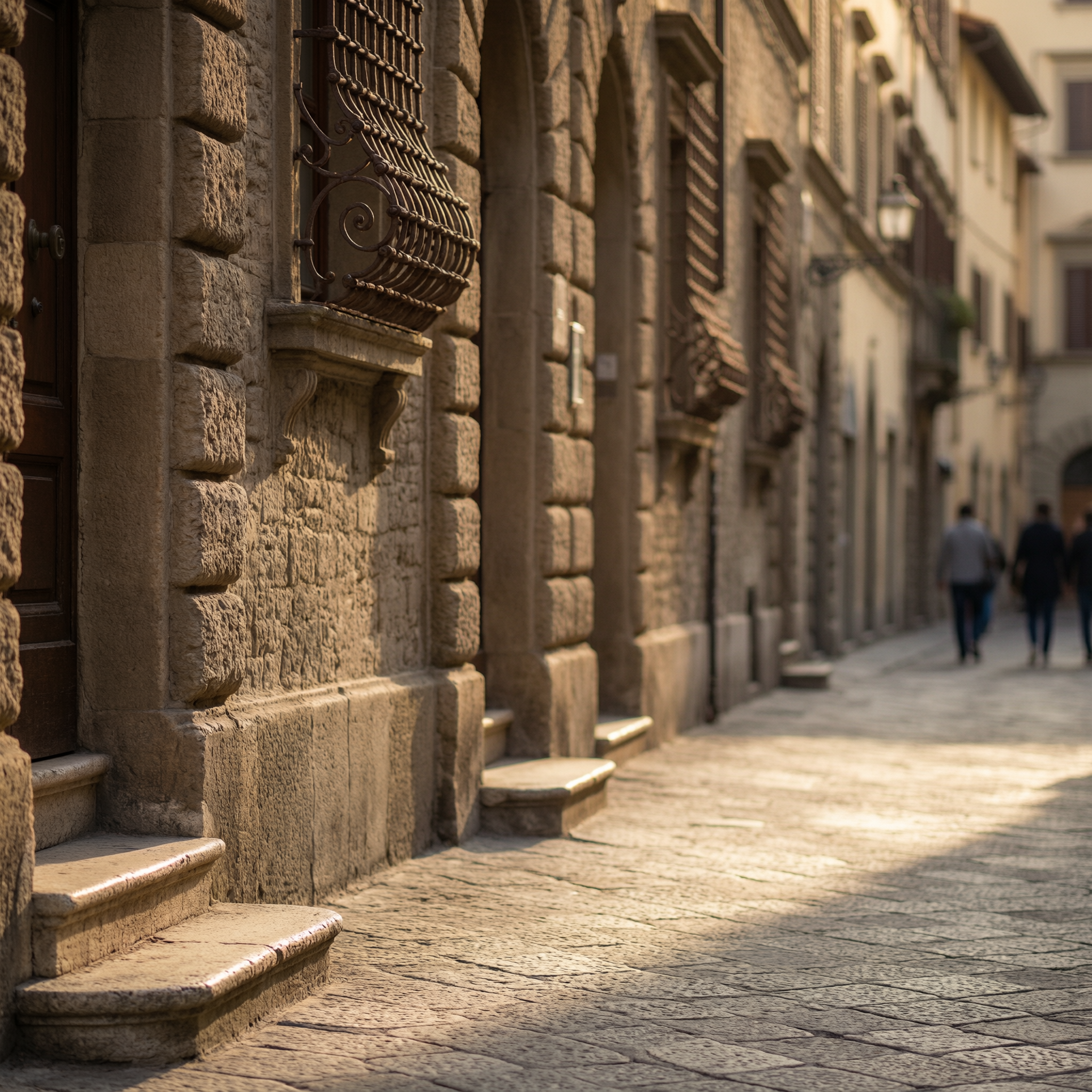 A narrow cobblestone street in Florence lined with historic Renaissance stone buildings featuring rusticated ashlar facades and ornate iron fixtures